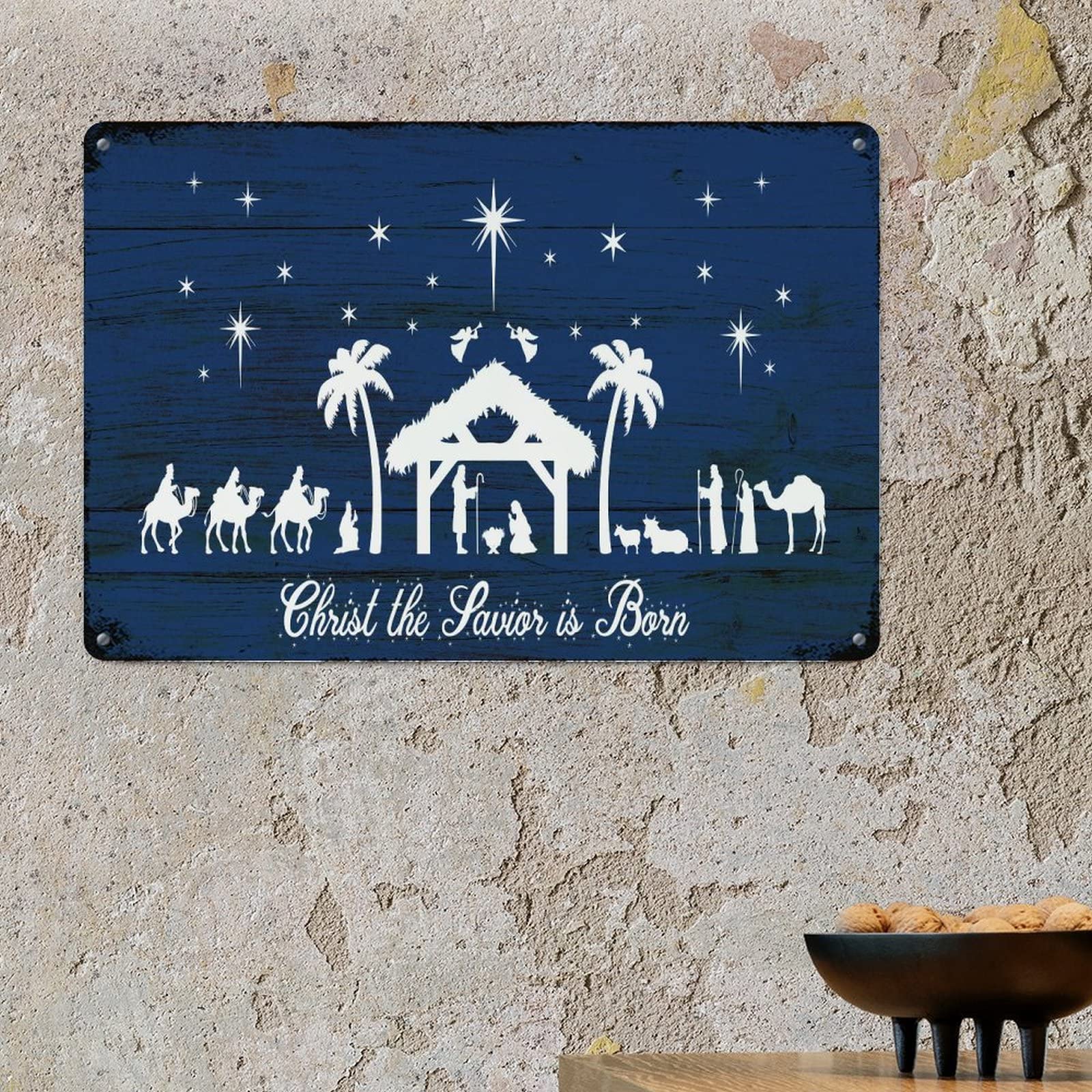 Plaque murale en métal de la crèche de Noël, finition vintage bleu marine