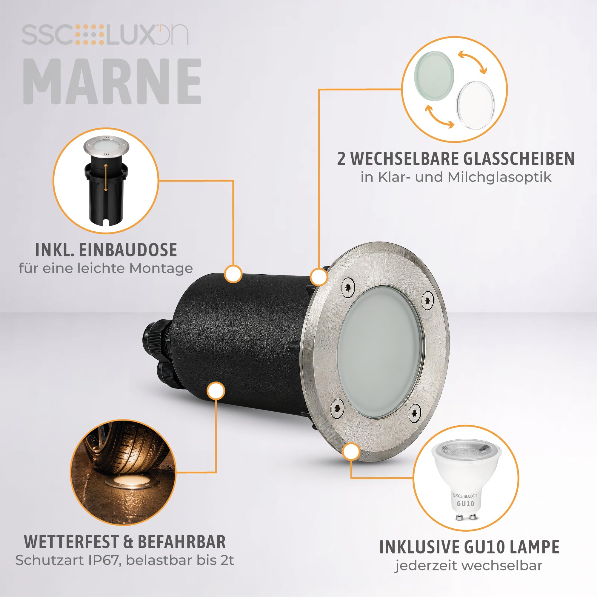 SSC-LUXon 3x MARNE Bodeneinbaustrahler Gartenspot - inkl. LED GU10 WLAN Smart RGB CCT - Außenbeleuchtung rostfrei & befahrbar Steuerbar über App & Sprache