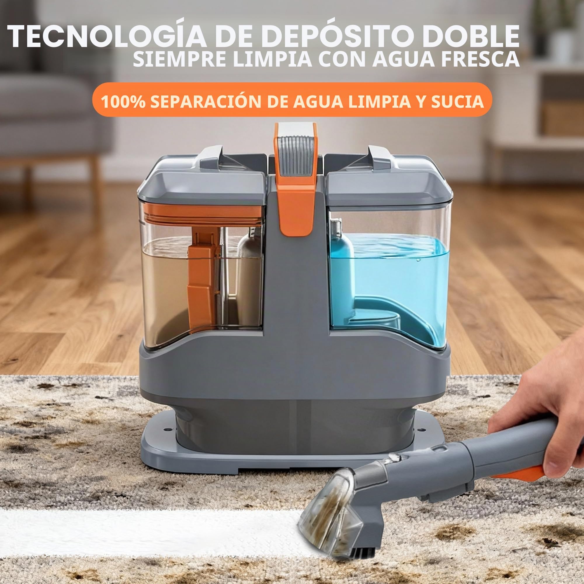 Limpiador de Tapicerías 450W 13kPa, Aspiradora de Agua para Tapicería y Sofá, Máquina para Limpiar Sofás, Alfombras y Colchones, con 3 Cepillos y Doble Depósito Autolimpiable, Portátil 2,6kg