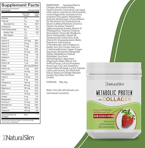 Miniatura 2 de NaturalSlim Polvo de proteína metabólica con colágeno y fresa, polvo de proteína de colágeno hidrolizado para cabello, piel, hueso, articulaciones y