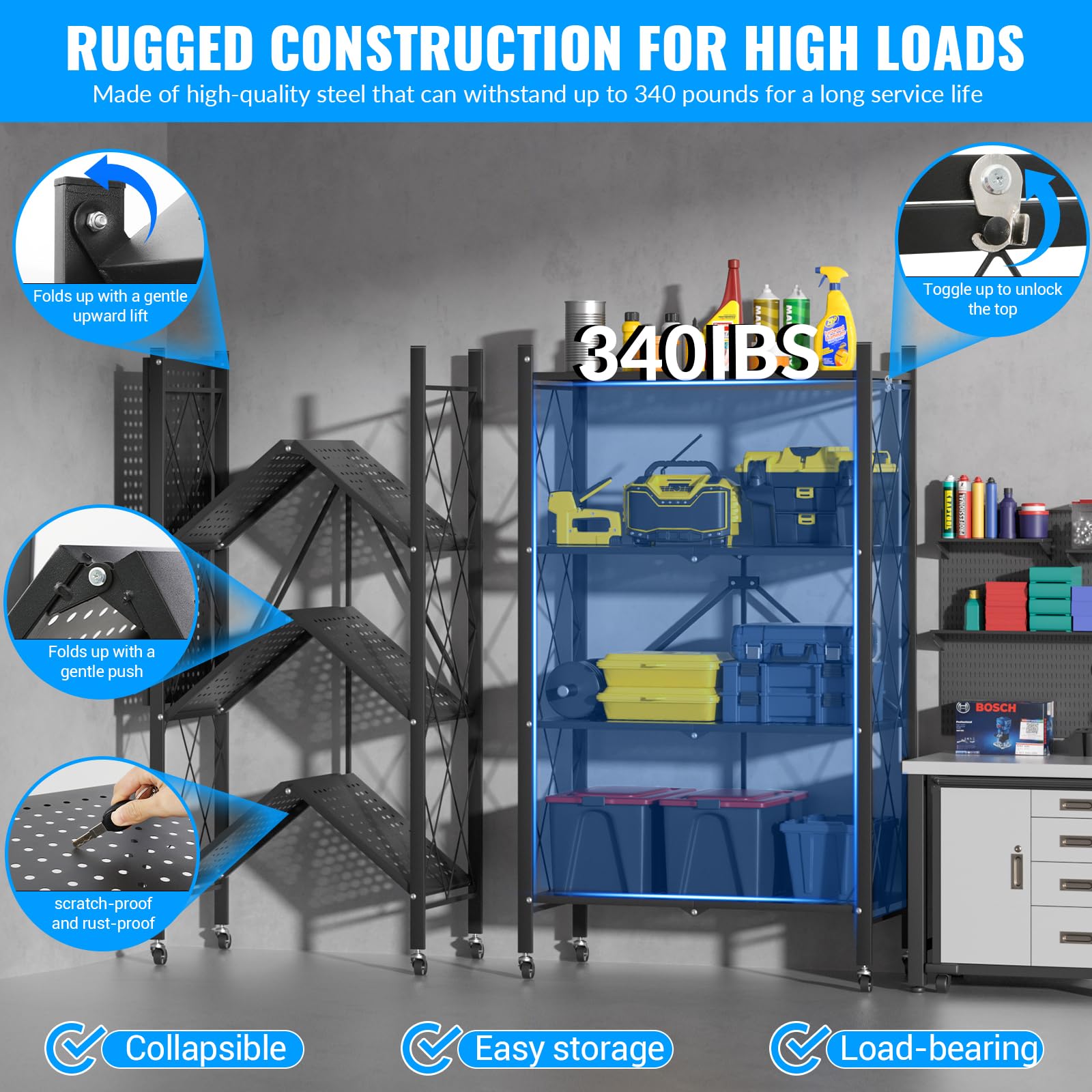 Pieghevole Scaffali in Metallo con Ruote,4 Piano Ripiano Scaffale con Ruote,Soggiorno con 4 Ripiani,gehören Camera da Letto,caffale Pieghevole,Mobili per Cucina