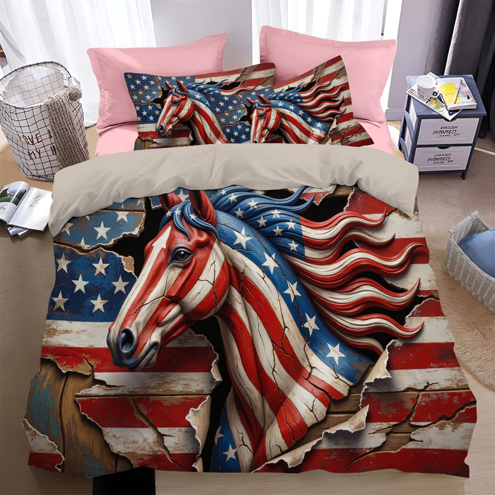 Housse de couette 140x200cm lavable en machine drapeau américain pour lit simple