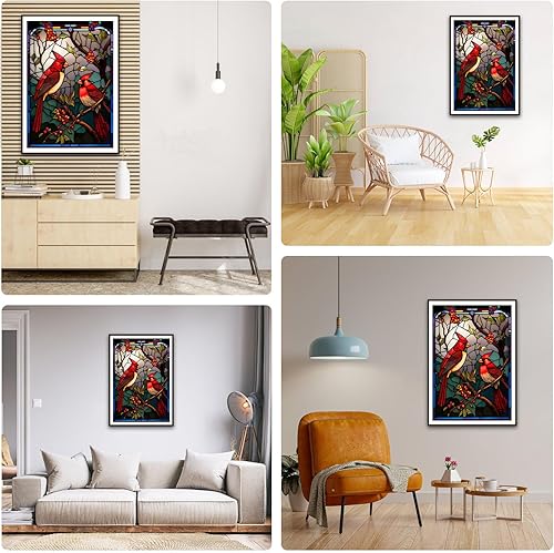 Miniatura 2 de Lxmsja Kits de pintura de diamante cardenal para adultos, arte redondo 5D de taladro completo, arte de diamante rojo con pájaro rojo, pinturas de