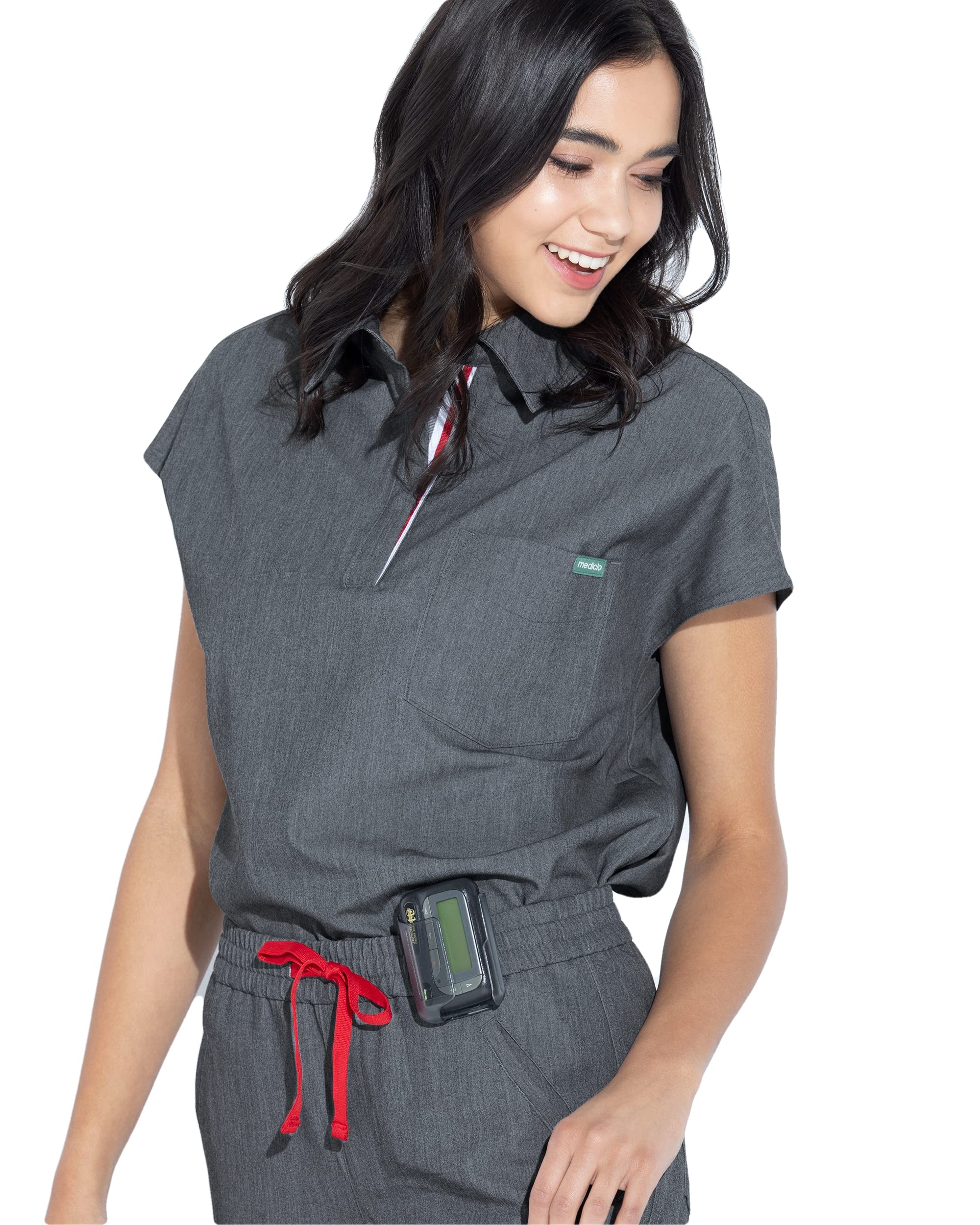 Mediclo Women's Medical Scrub Top – Capri Collared Chest Pocket Shirt Eco Friendly Sustainable FYSEL Fabric Workwear Heather Grey FT3092RHGY10 XL