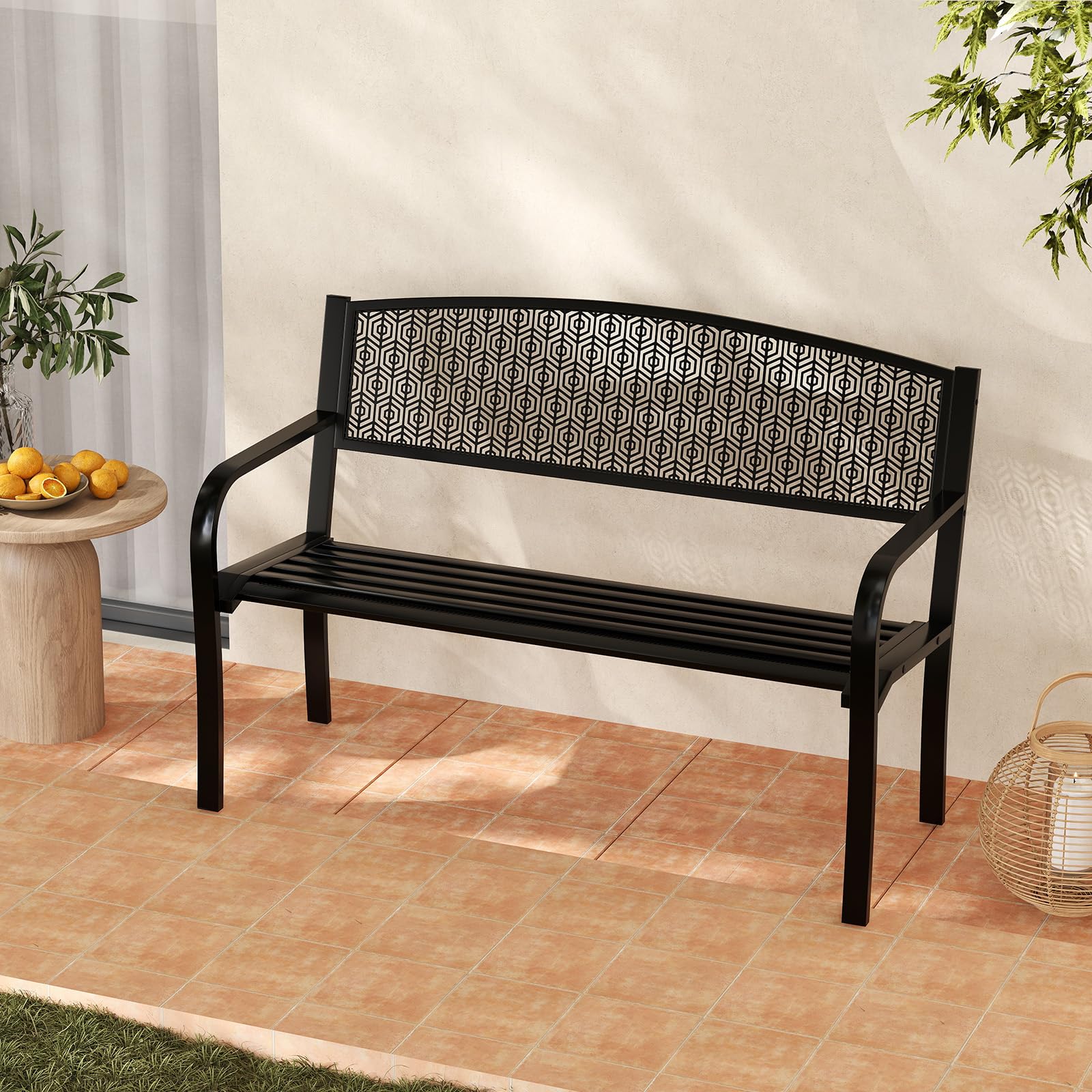 COSTWAY Banco Jardin para 2-3 Plazas, Banco Exterior de Metal, Brazos Curvos y Respaldo Clásico, Terraza Patio Balcon, Carga 300kg, 128 x 60 x 86 cm (Negro)