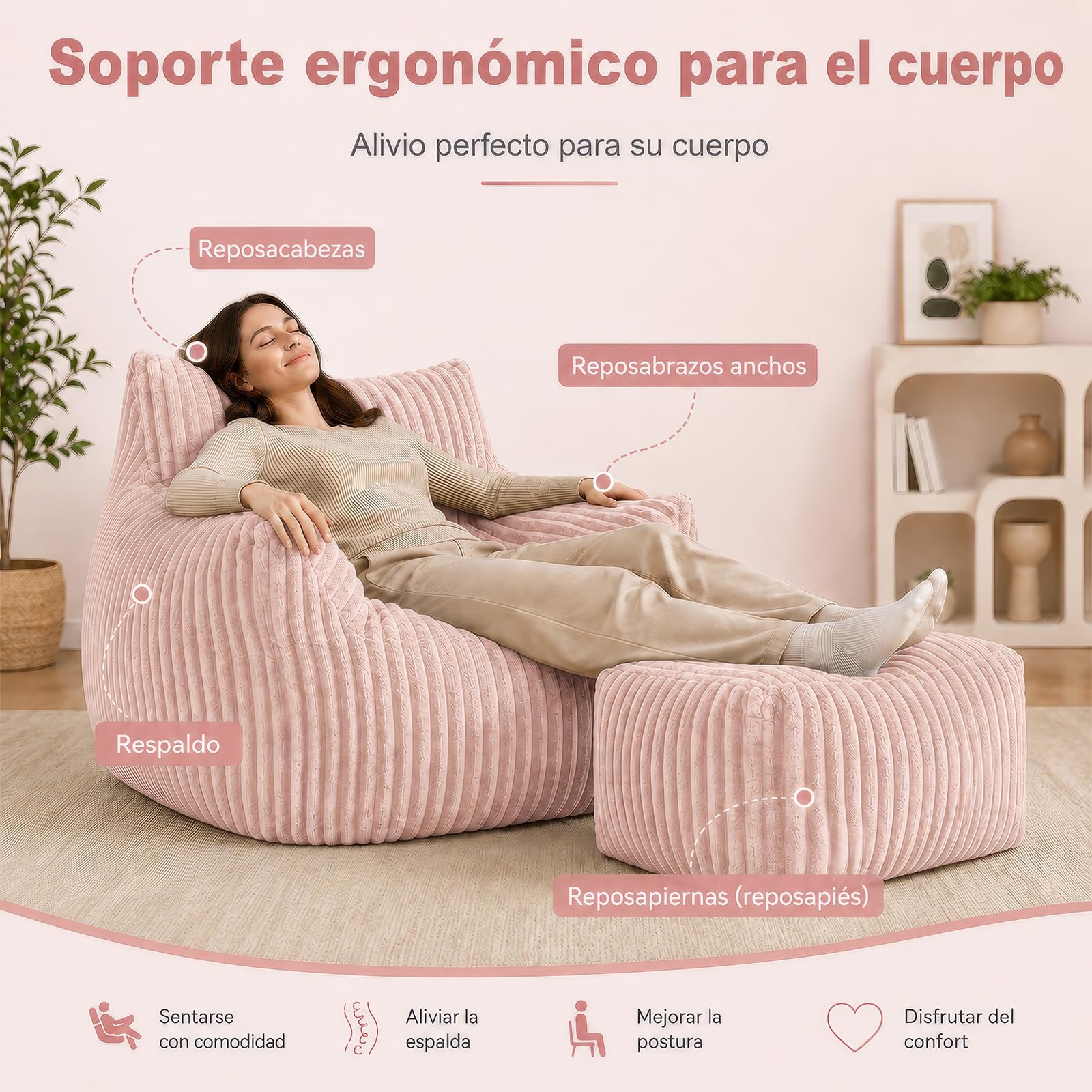 Pouf XXL pour adultes avec ottoman – Fauteuil inclinable ergonomique avec 5 zones de soutien, housse de cordon, rembourrage en mousse à rebond élevé, gain de place pour salon (rose)
