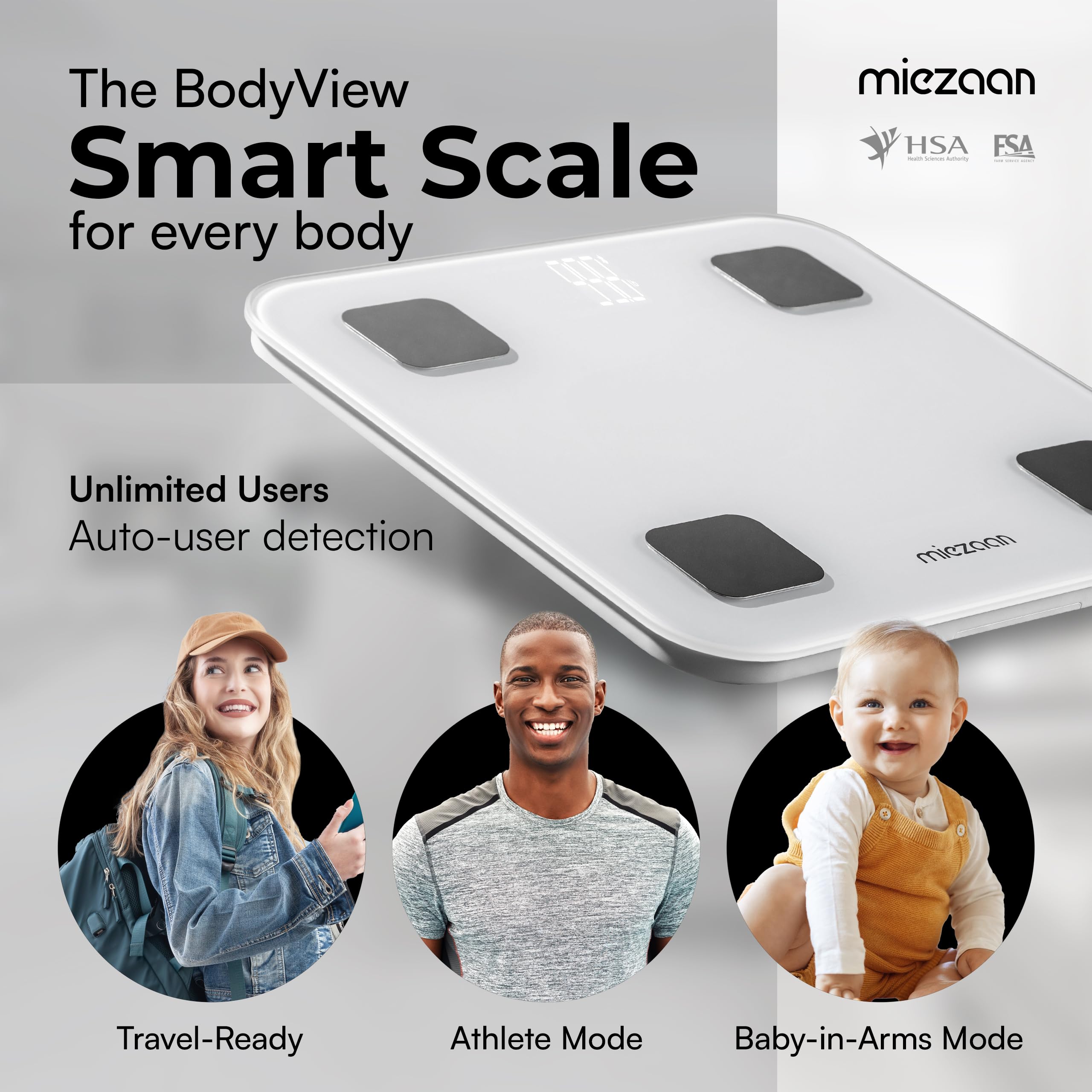 BodyView - Báscula inteligente de 4 electrodos para peso corporal - Báscula digital - 24 métricas - Escala con IMC, grasa corporal, mediciones de masa muscular - Elegible para FSA/HSA