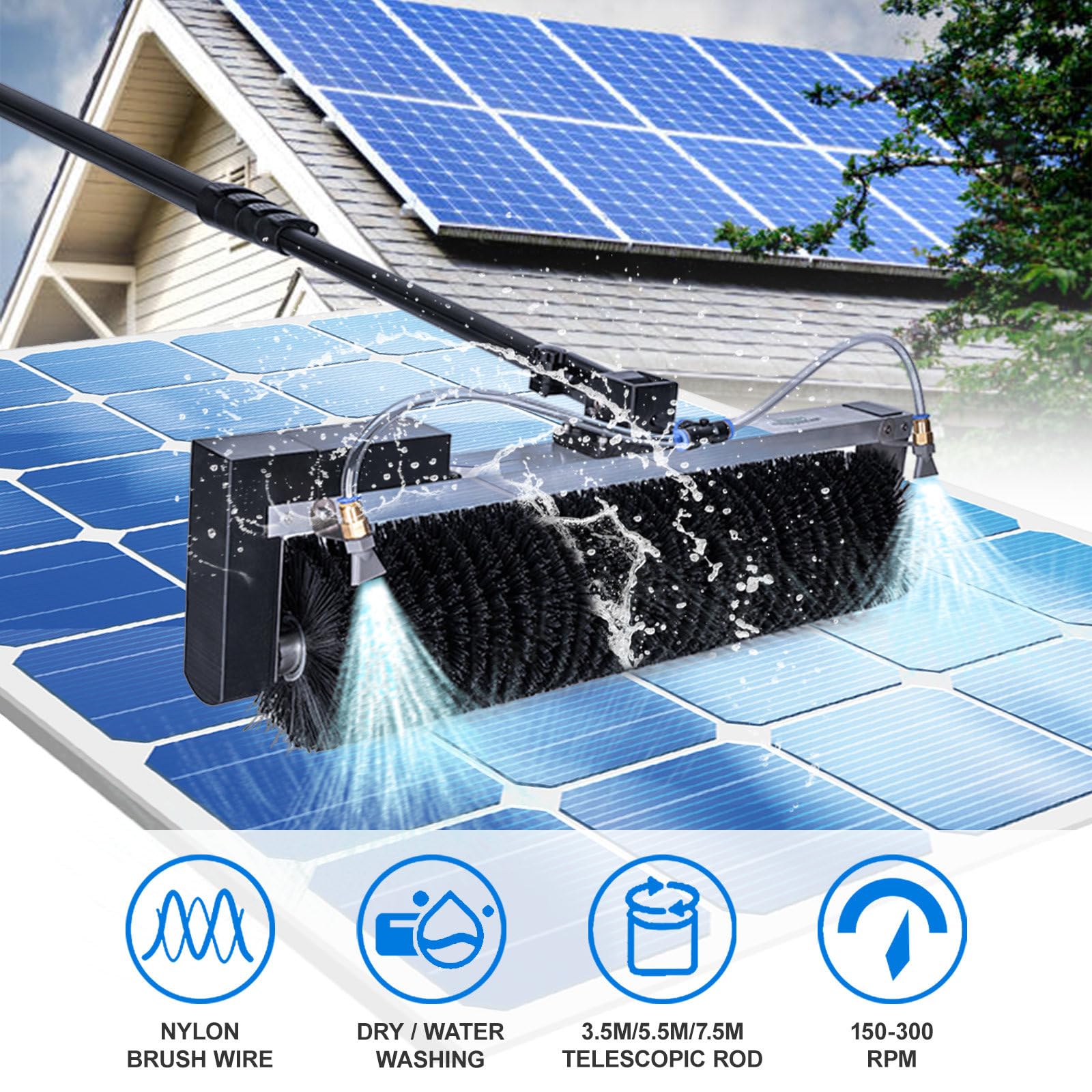 Automatisches Solarpanel-Reinigungsset – 360°-Drehbürste, 60 cm Teleskopstange, Fensterreiniger Für Den Außenbereich Mit Wasseranschluss, Nass- Und Trockenreinigung,5.5m/18ft-version