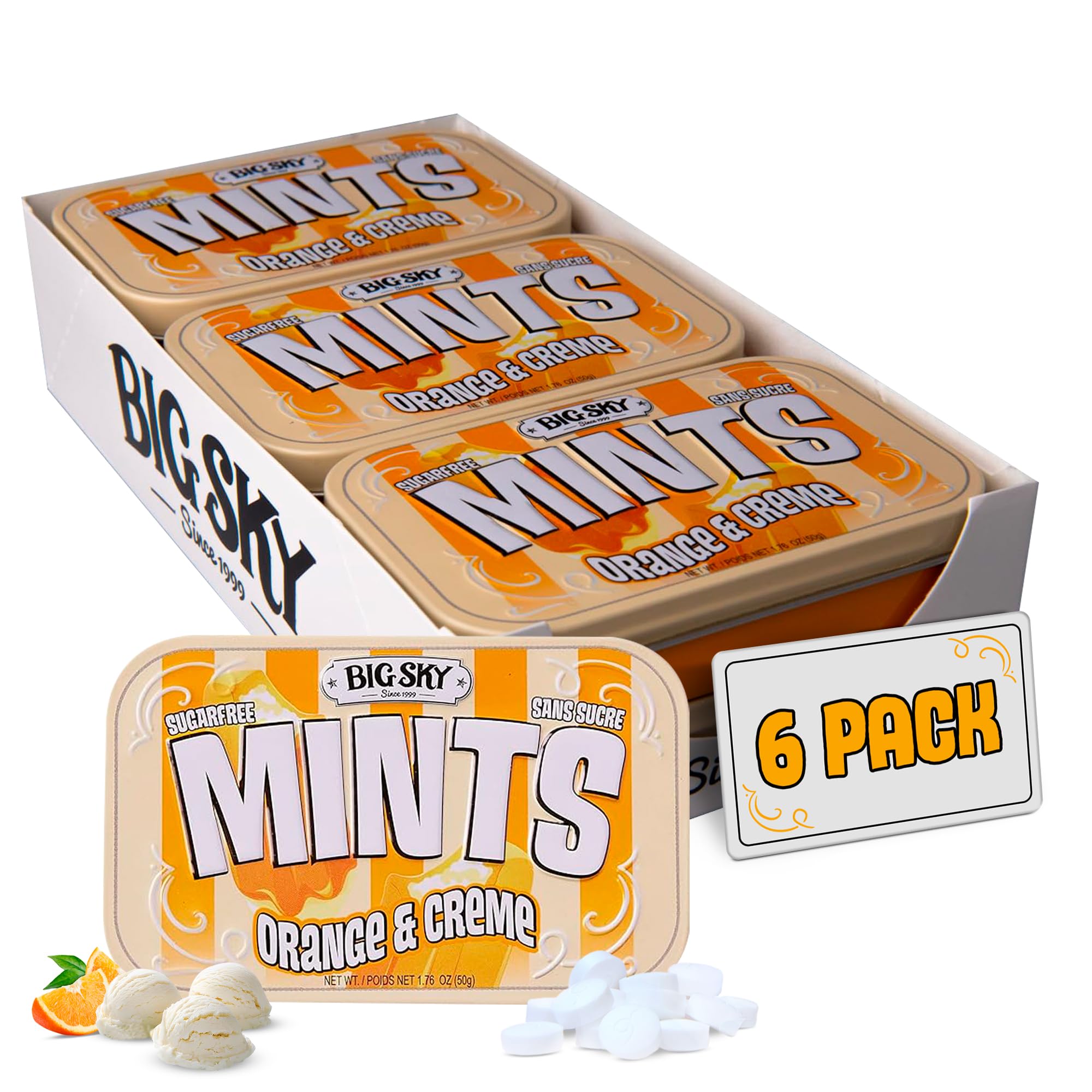 Big Sky Sugar Free Orange & Crème Mints - 50 Count Tin (Pack of 6) | Kosher Certified, Vegan Candy | Aspartame & Gluten Free | Sweet Creamy Orange Flavored Sugar Free Mints, Long Lasting Freshness