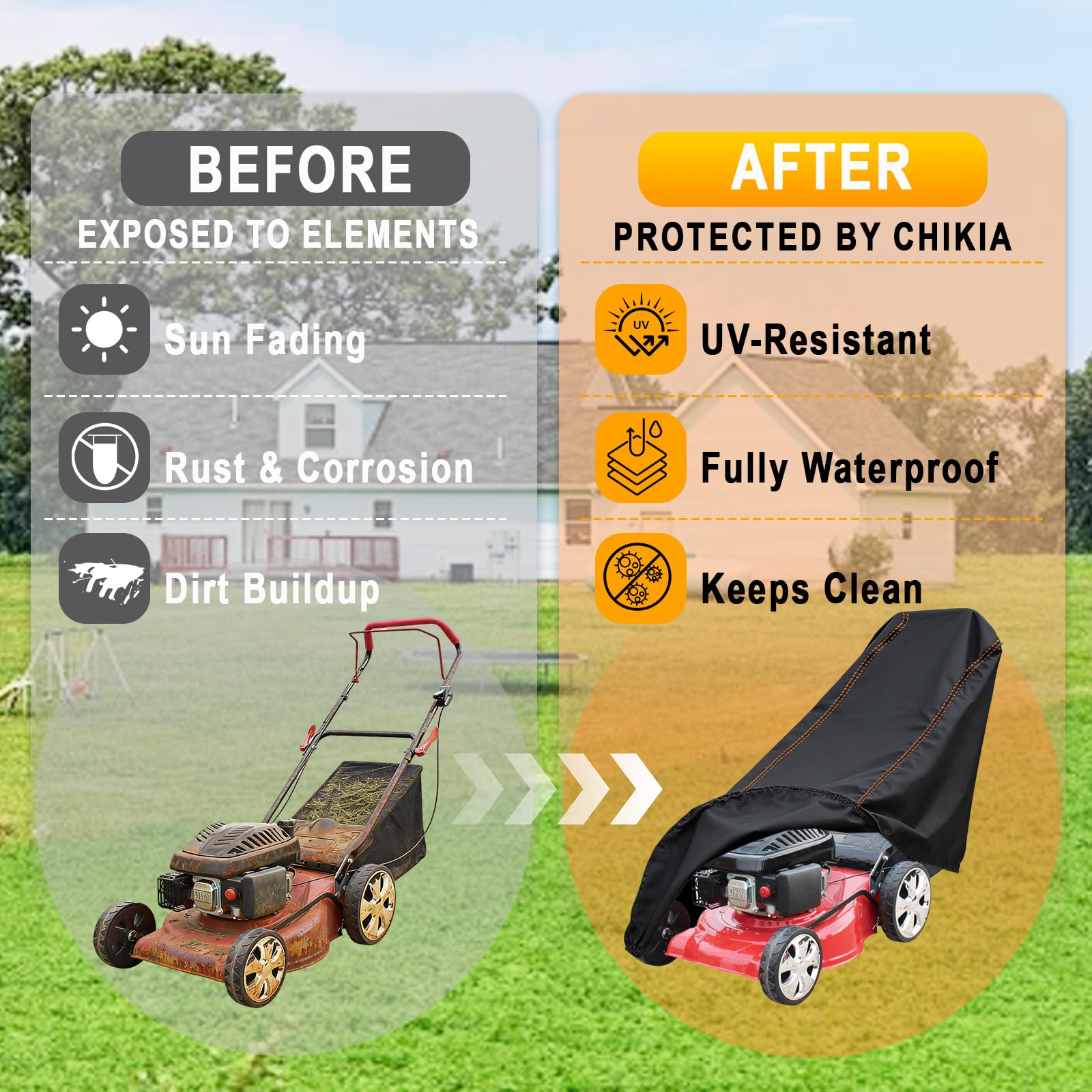Chikia Cubierta para cortacésped de empuje 420D, resistente, compatible con Cub Cadet, Troy-Bilt, Husqvarna, Greenworks, EGO, Craftsman, Honda, resistente al viento, cubierta para exteriores con