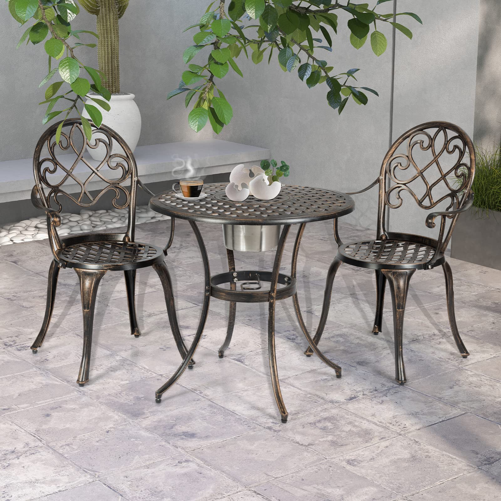 GOPLUS Ensemble de Bistrot 3 Pièces en Fonte d'Aluminium, Table Ronde avec Seau à Glace Amovible & 2 Chaises, Résistant aux Intempéries, Style Antique