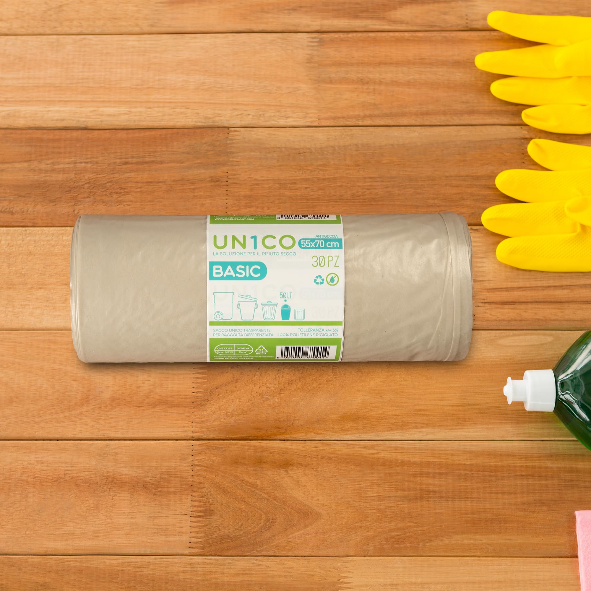 UN1CO BASIC Sacchi Spazzatura Trasparenti 50L - 55x70 cm - Sacchi Raccolta Differenziata Rifiuto Secco - Antigoccia - 100% Polietilene Riciclato - 16 Rotoli da 30 sacchi