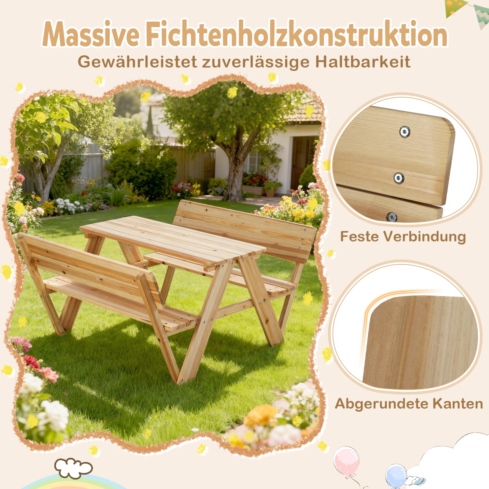 COSTWAY Kinder Picknicktisch, Kindersitzgruppe Outdoor mit Tisch & 2 Sitzbänken, Kindersitzgarnitur Garten für bis zu 4 Kinder, Sitzgruppe Gartenmöbel aus Holz für Jungen & Mädchen ab 3 Jahren