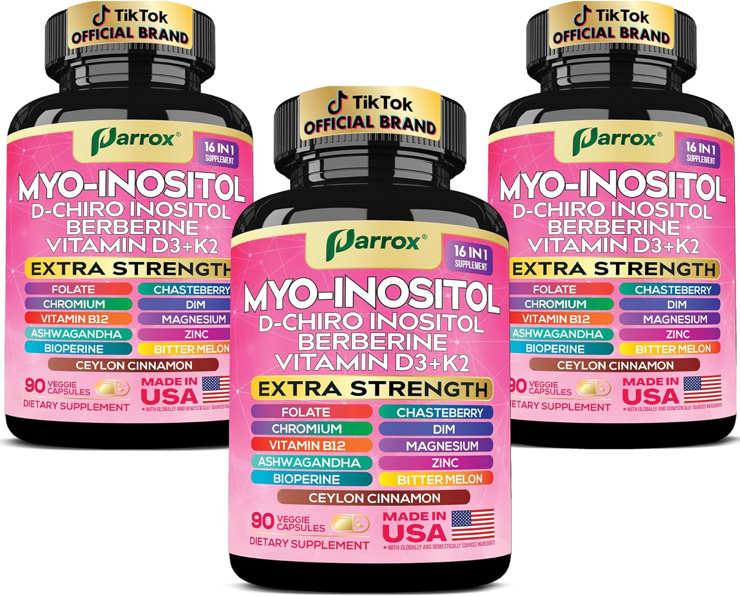 Myo-Inositol Supplement with D-Chiro Inositol, DIM, Berberine, Vitamin D3 + K2, Methylated B12, Chromium, Ceylon Cinnamon, Zinc, Ashwagandha, Chasteberry, Magnesium, Bioperine, Bitter Melon (3 Pack)