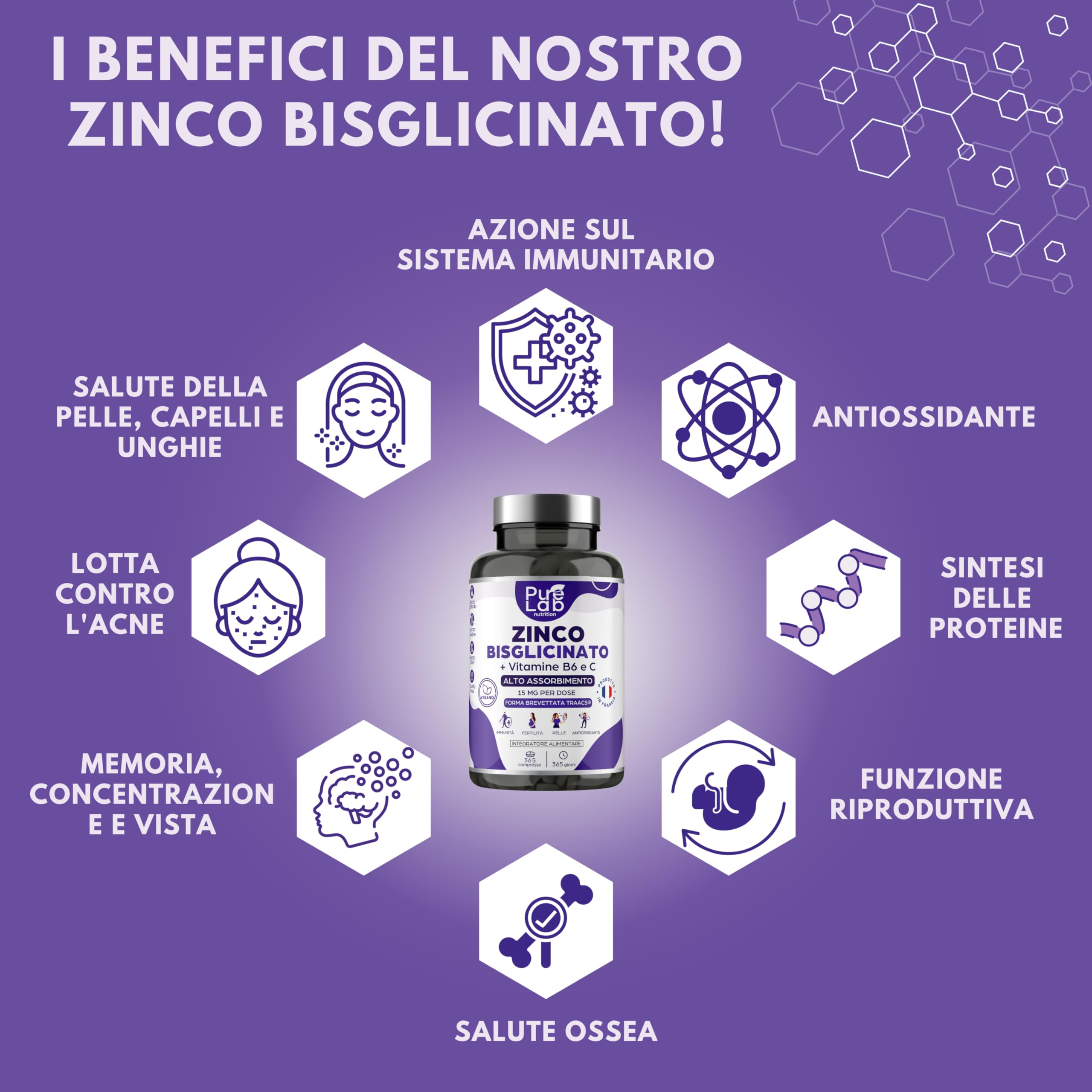 Zinco Bisglicinato + Vitamine B6 e C - Scorta per 1 Anno, 365 Compresse - Alta Assorbimento - Immunità, Antiossidante, Pelle - Senza Lattosio, Senza Glutine - Prodotto in Francia - Pure Lab Nutrition®