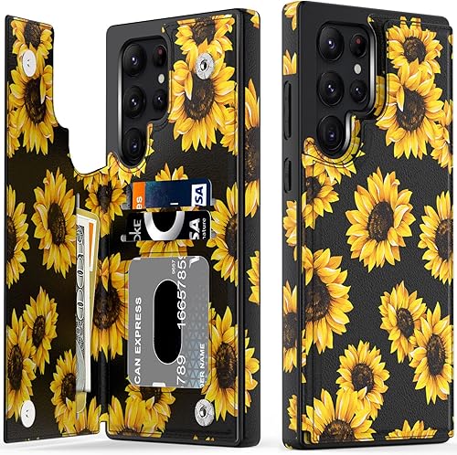 LETO Funda para Galaxy S22 Ultra con tapa y diseño de moda para niñas y mujeres, ranuras para tarjetas con función atril para Samsung Galaxy S22