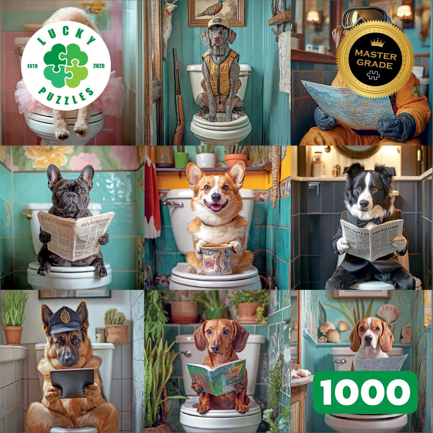 Lucky Puzzles - Dogs in The Loo: A Toilet Tail - 1000 Piece Jigsaw Puzzle for Adults | Funny Dogs Puzzle | Hilarious Dog Bathroom Humor Puzzle