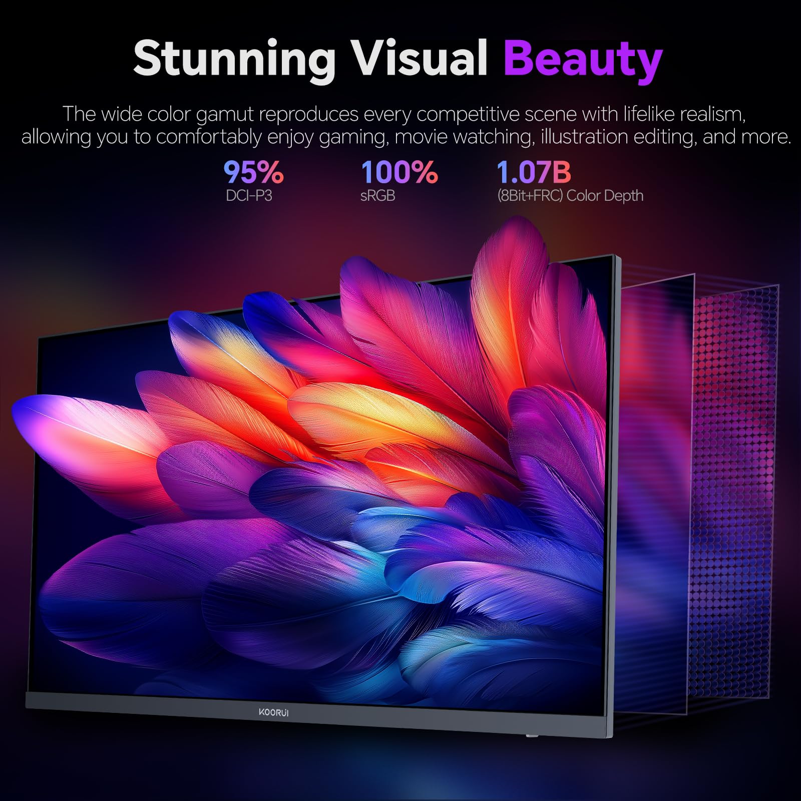 KOORUI 27 Pollici Gaming Monitor, schermo PC Fast IPS QHD 200Hz, Adaptive Sync 1ms, HDR400, HDMI 2.0 e DP 1.4, VESA 75x75 mm, altezza regolabile