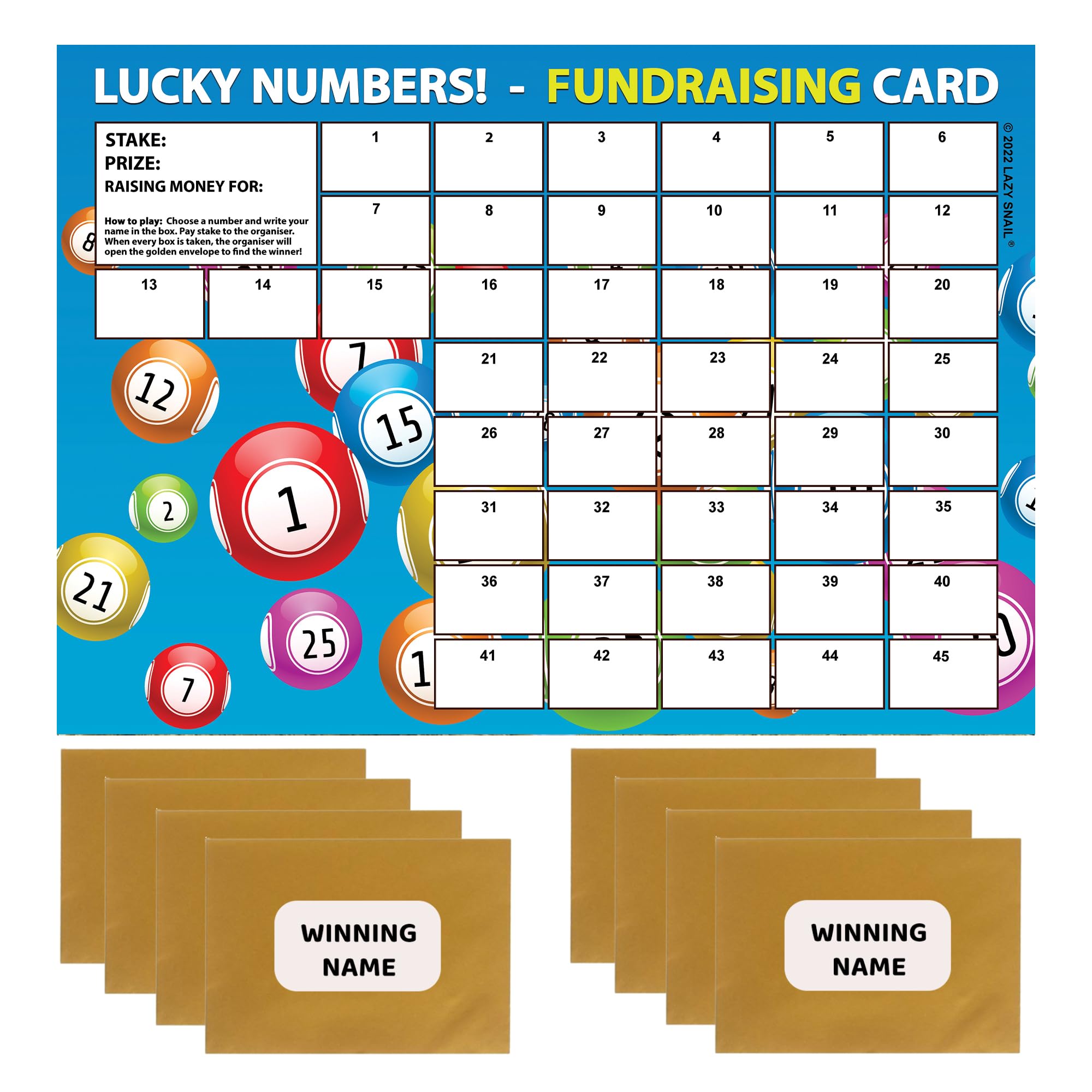 Lazy Snail 'Lucky Numbers' Fundraising Pack - 8 Cards, 45 Squares, Golden Winner Envelopes - Full Colour, A5 - Image 2