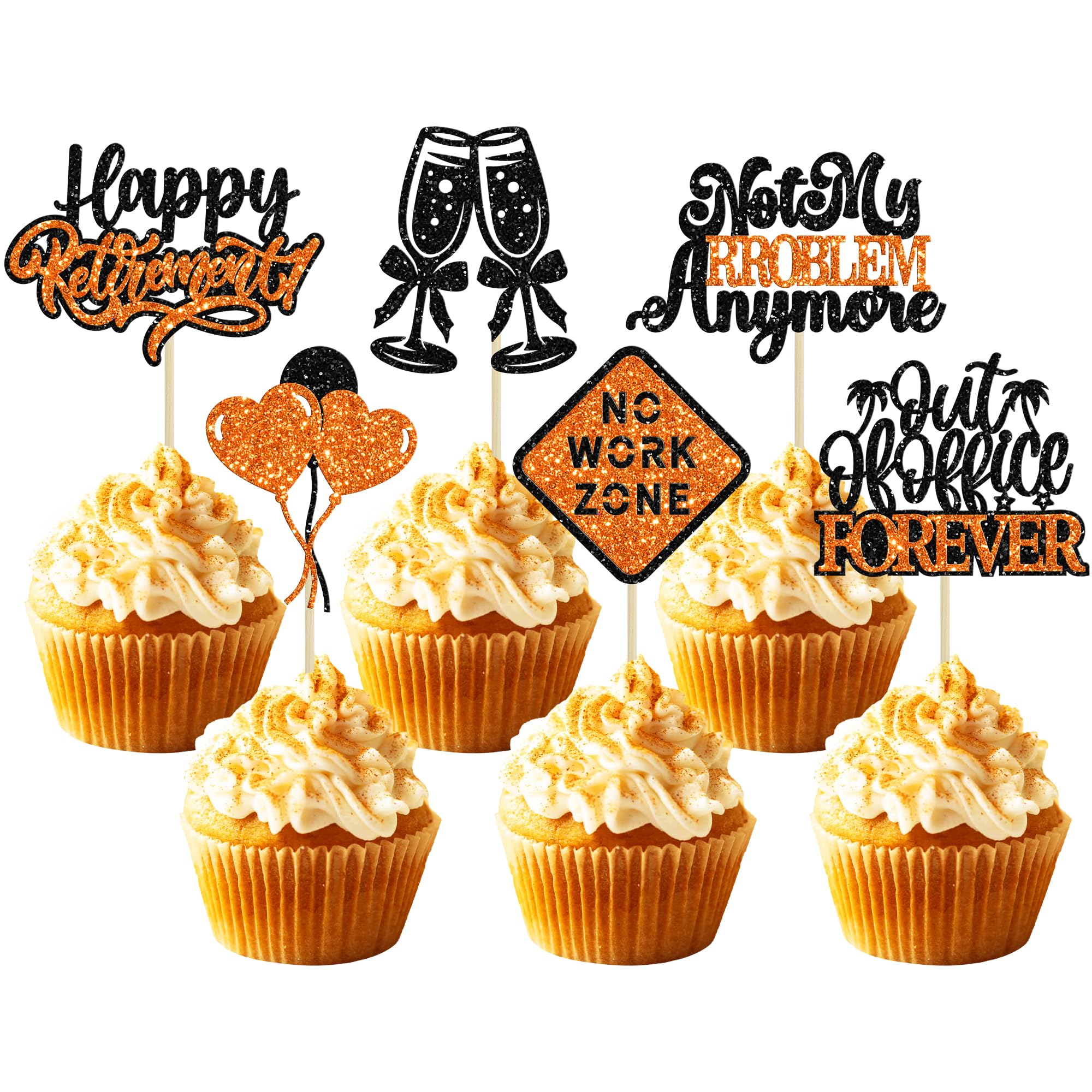 Gyufise 24Pcs Happy Retirement Cupcake Toppers Officially Retired Cupcake Picks Out of Office Forever Retirement Theme Cake Toppers Decorations for Farewell Party Supplies Orange