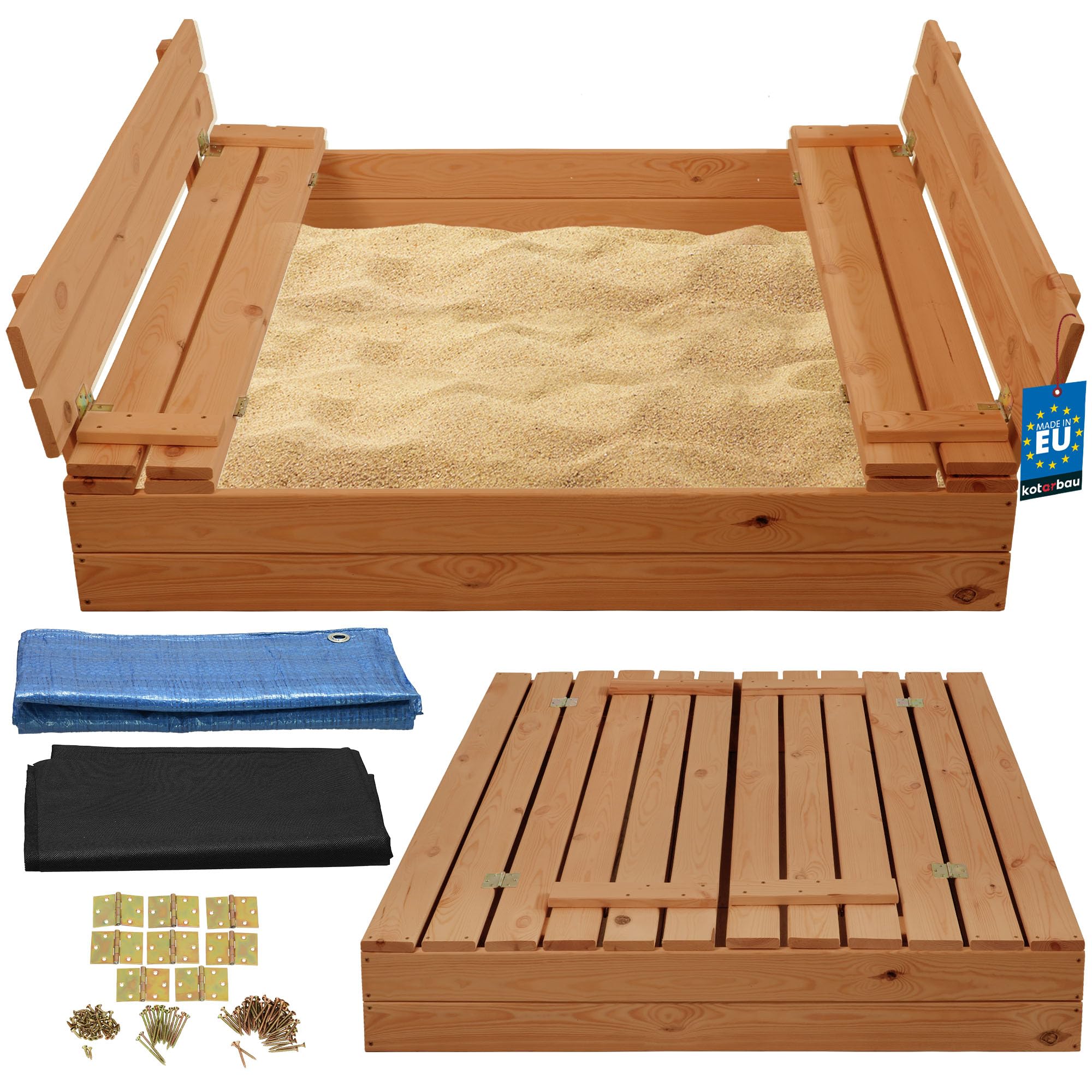 KOTARBAU® Sandbox with Lid - 120x120 cm (47x47 inches) - Brown - Wooden Sandbox - with Cover and Benches - Kids Sandpit - Impregnated Timber - Garden Sandpit — image 1