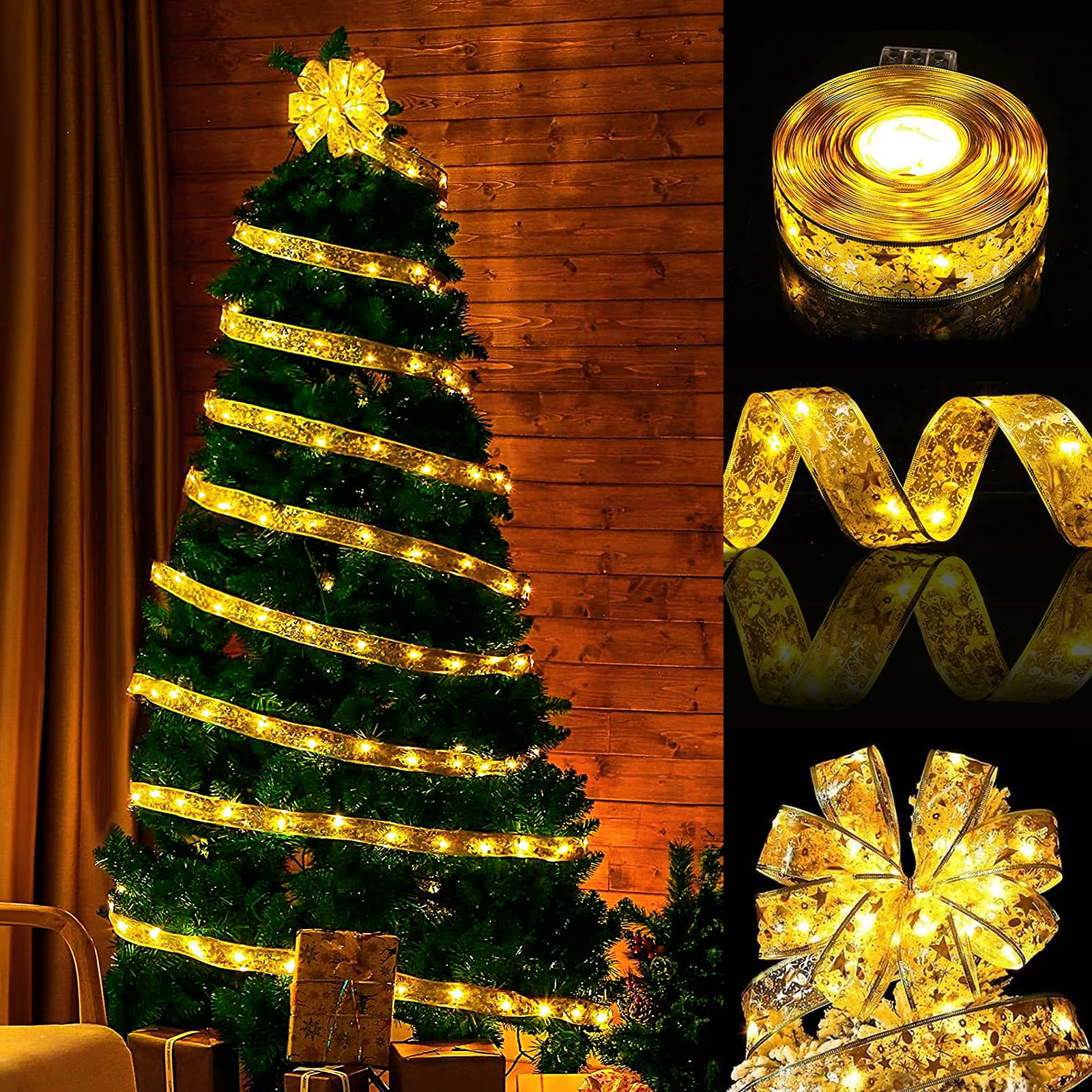 OPAHUTER 5M/ 16.4Ft Christmas Glow Ribbon Lights, 50 LED Ribbon Xmas Tree Lights, Copper Wire Led Fairy Light Ribbon Bow Lights, Battery Powered Ribbon Lights for Tree Stair Decorations