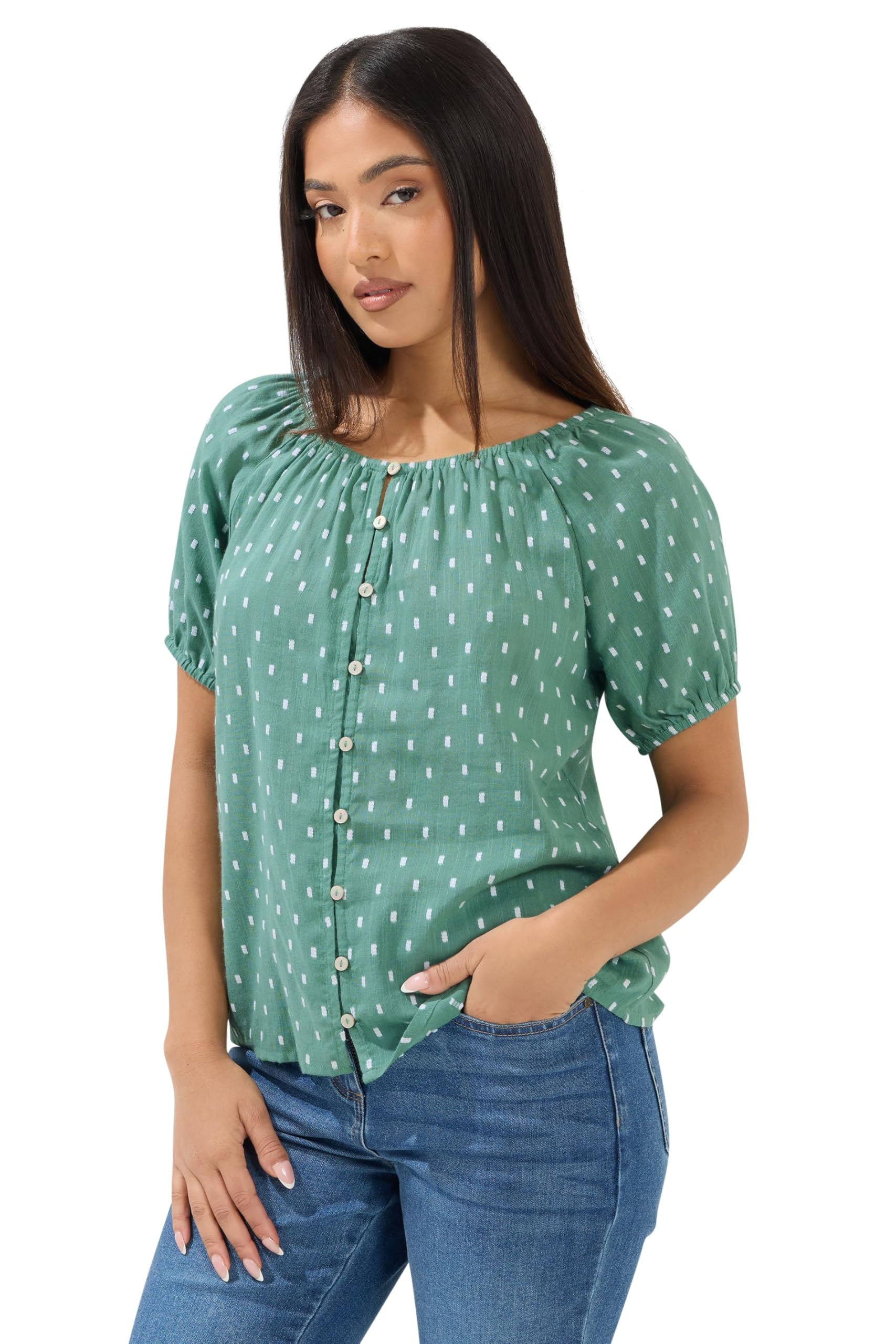M&Co Women's Green Petite Dobby Button Up Blouse In Size 18