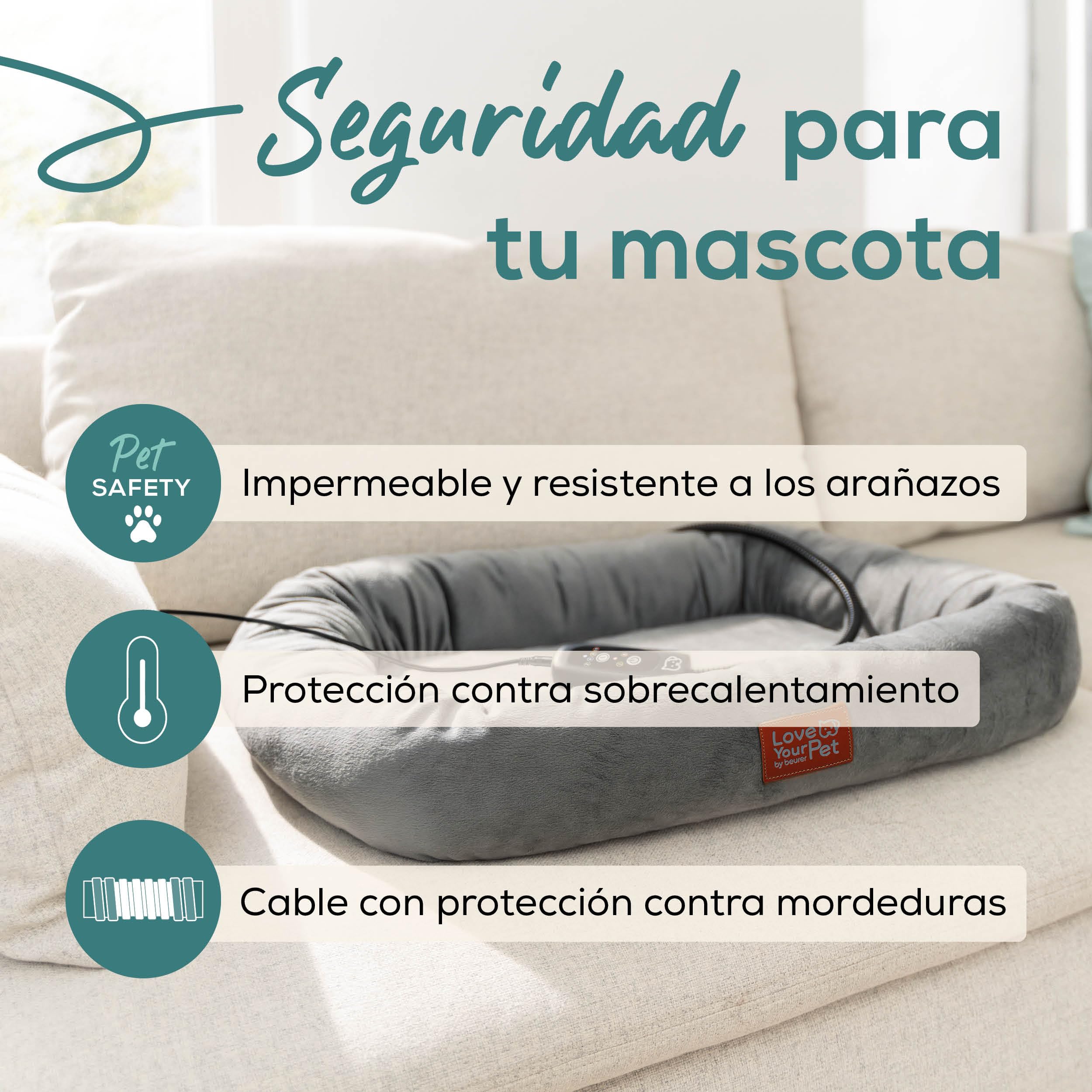 Beurer Love Your Pet Cama térmica «Kira» para Perros y Gatos, Cama para Perros con calefacción eléctrica y Temporizador, Lavable a 30 °C, Resistente a los arañazos y el Agua, 58 × 50 cm