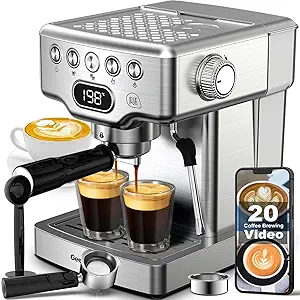 Geek Chef Espresso Machine 20 Bar, Espresso Coffee Maker with Fast Heating Latte & Cappuccino Maker with Milk Frother Steam Wand, 1.8L Water Tank, Temperature Display, Stainless Steel