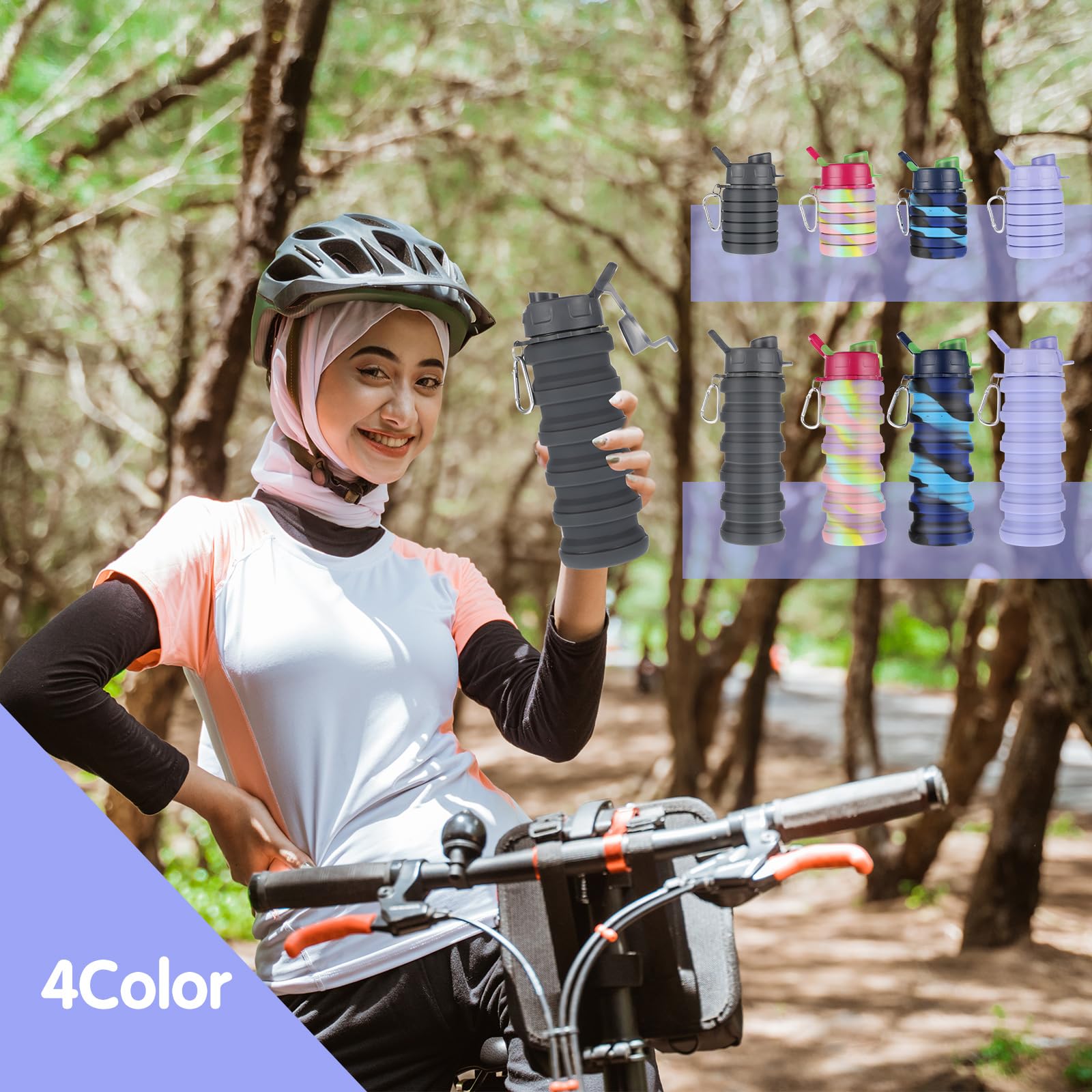 MAQUITA 4 botellas de agua plegables de 16 onzas, botellas de agua plegables portátiles de silicona a prueba de fugas, botella de agua de viaje, reutilizable, botella de agua deportiva con clip de