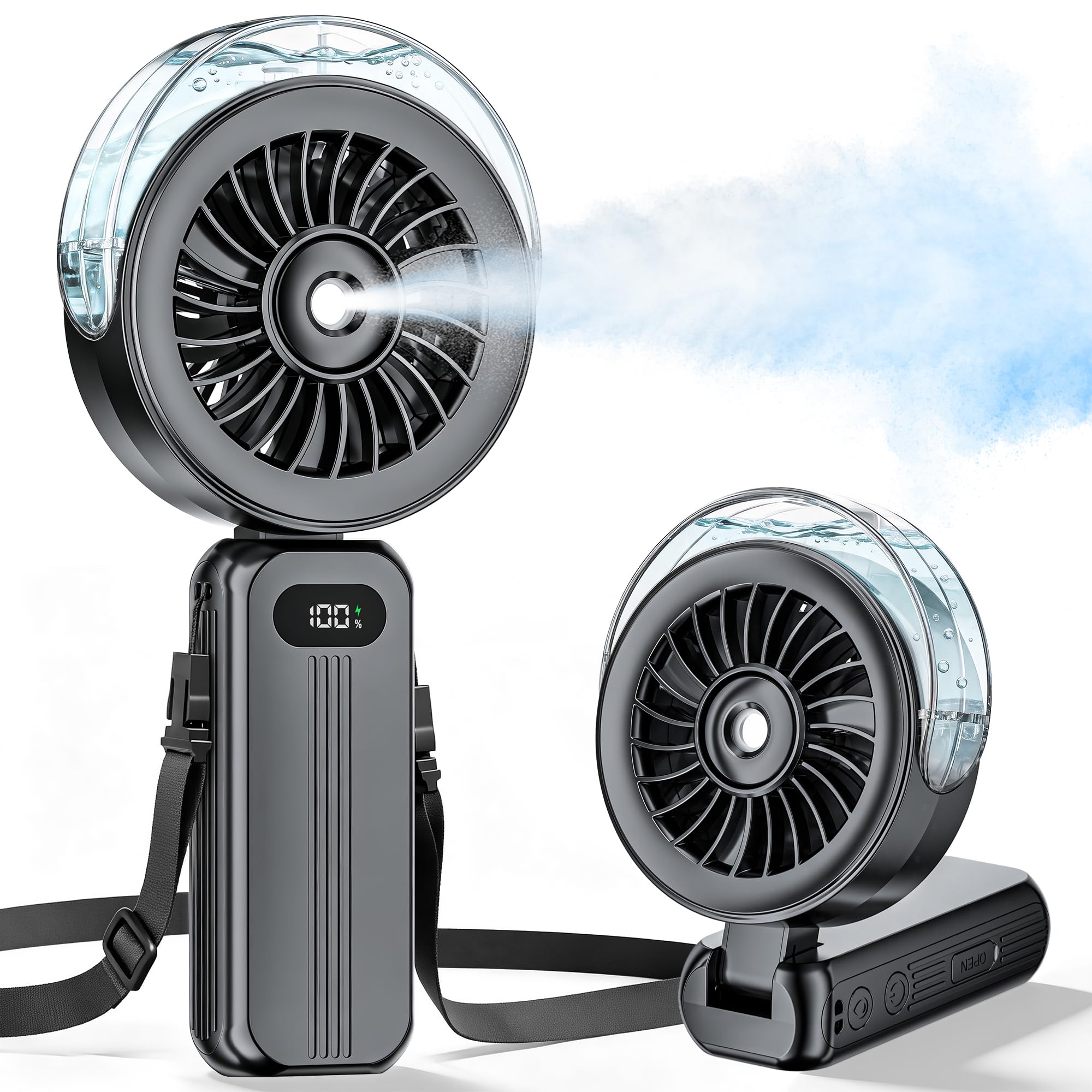 Handventilator Akku Aufladbar mit Wasserkühlung - Starkem Luftstrom Tragbarer Mini Ventilator, 6000mAh Akku Ventilator Klein, Faltbarer USB Hand Ventilatoren, Portable Fan für Sommer, Reise, Outdoor