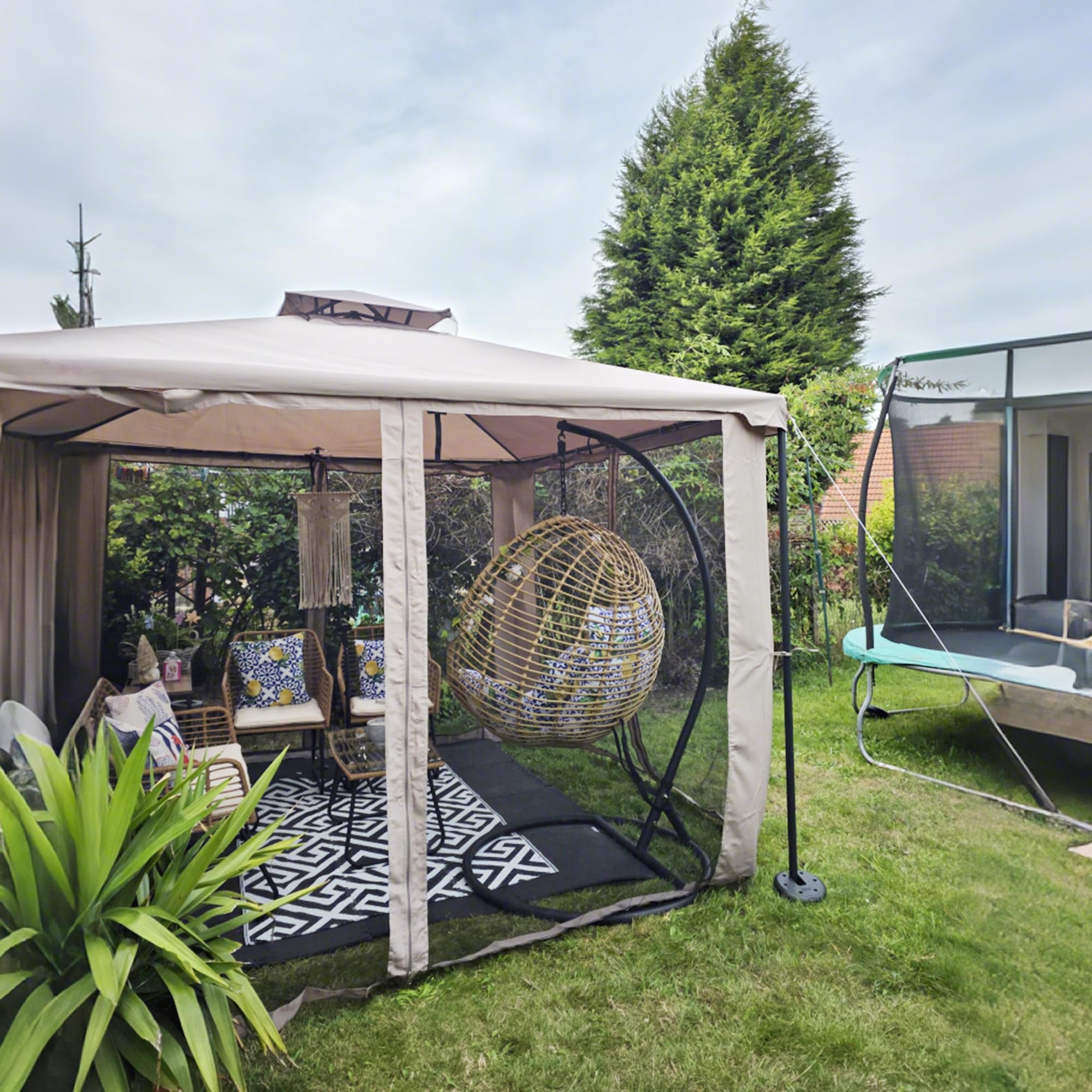 Outsunny Cenador de Jardín 3x3 m Pabellón de Exterior con Doble Techo de Ventilación 4 Cortinas Mosquiteras Laterales con Cremallera 8 Orificios de Drenaje Gazebo para Fiestas Patio Marrón Pardo