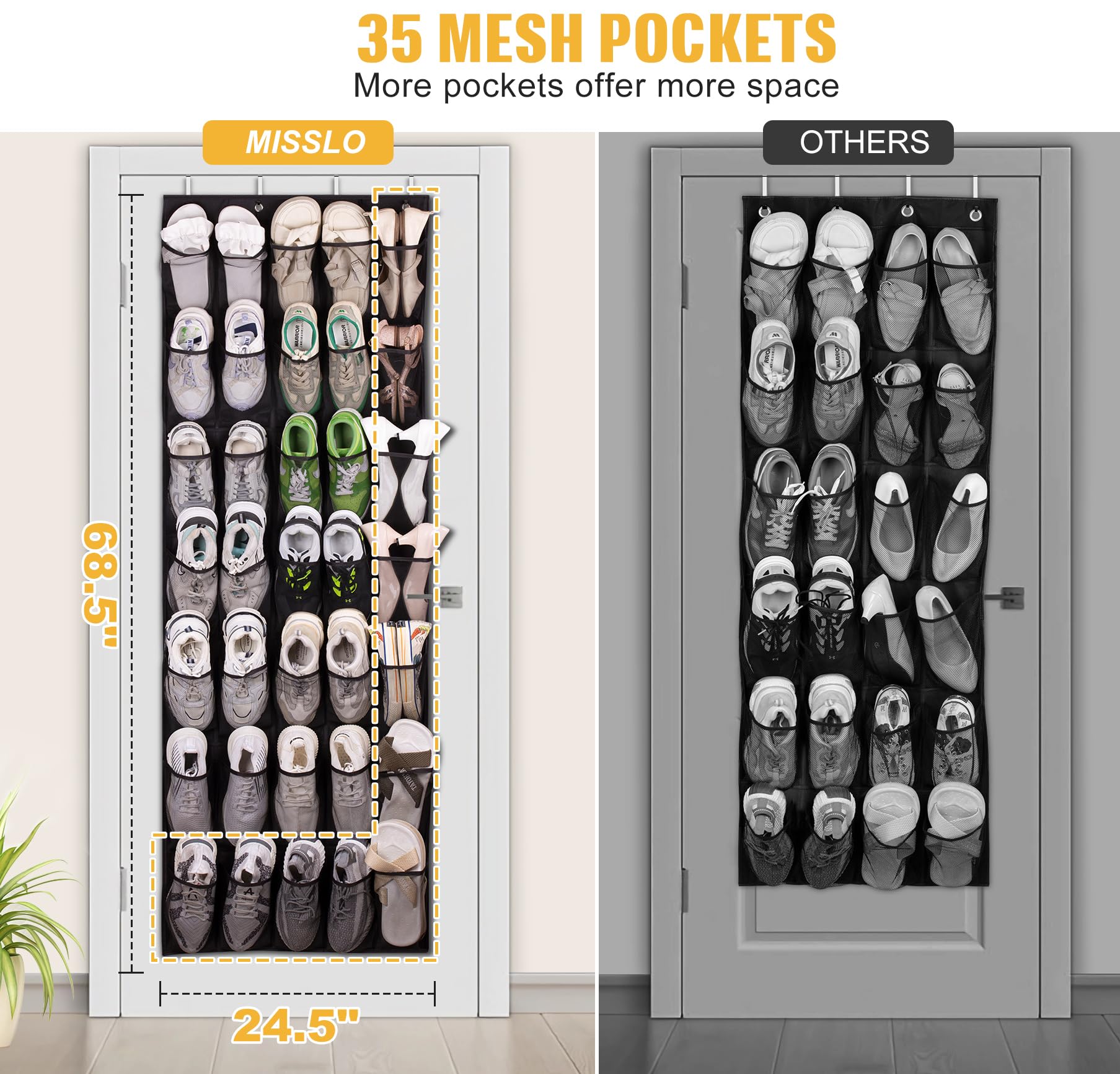MISSLO 35 Large Pockets Shoe Storage Back of Door Hanging Shoe Organiser Sturdy Oxford Fabric Over Door Shoe Organizer for Closet Shoe Hanger Holder, Black - Image 2