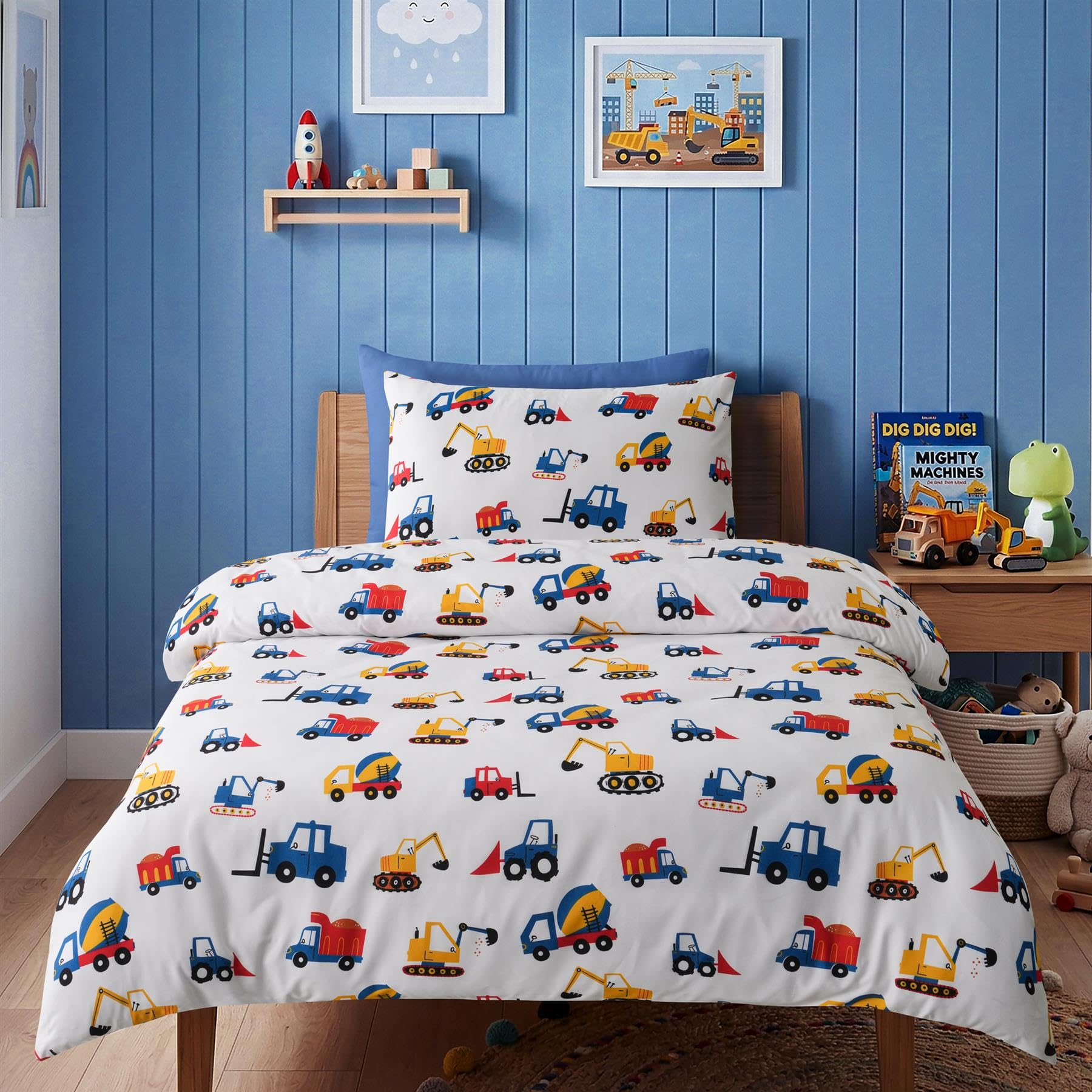 Adore Home Single Duvet Cover Set Blue Digger Kids Bedding & Pillowcase