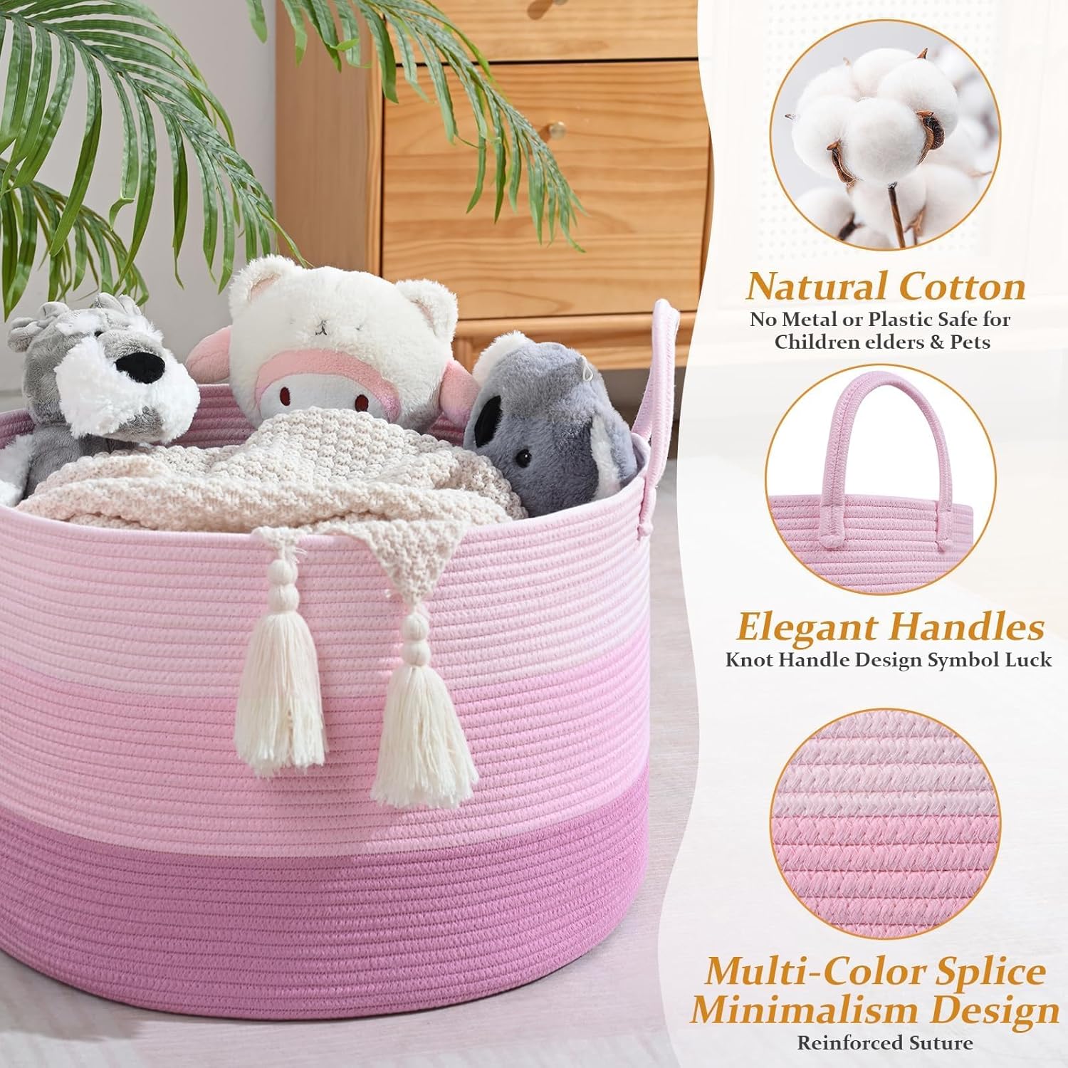 Extra Large Toy Basket, 20"x13" Kids Toy Storage for Playroom Classroom Nursery, Woven Rope Blanket Basket with Handles, Stuffed Animal Organizer & Dog Toys Basket, Pink