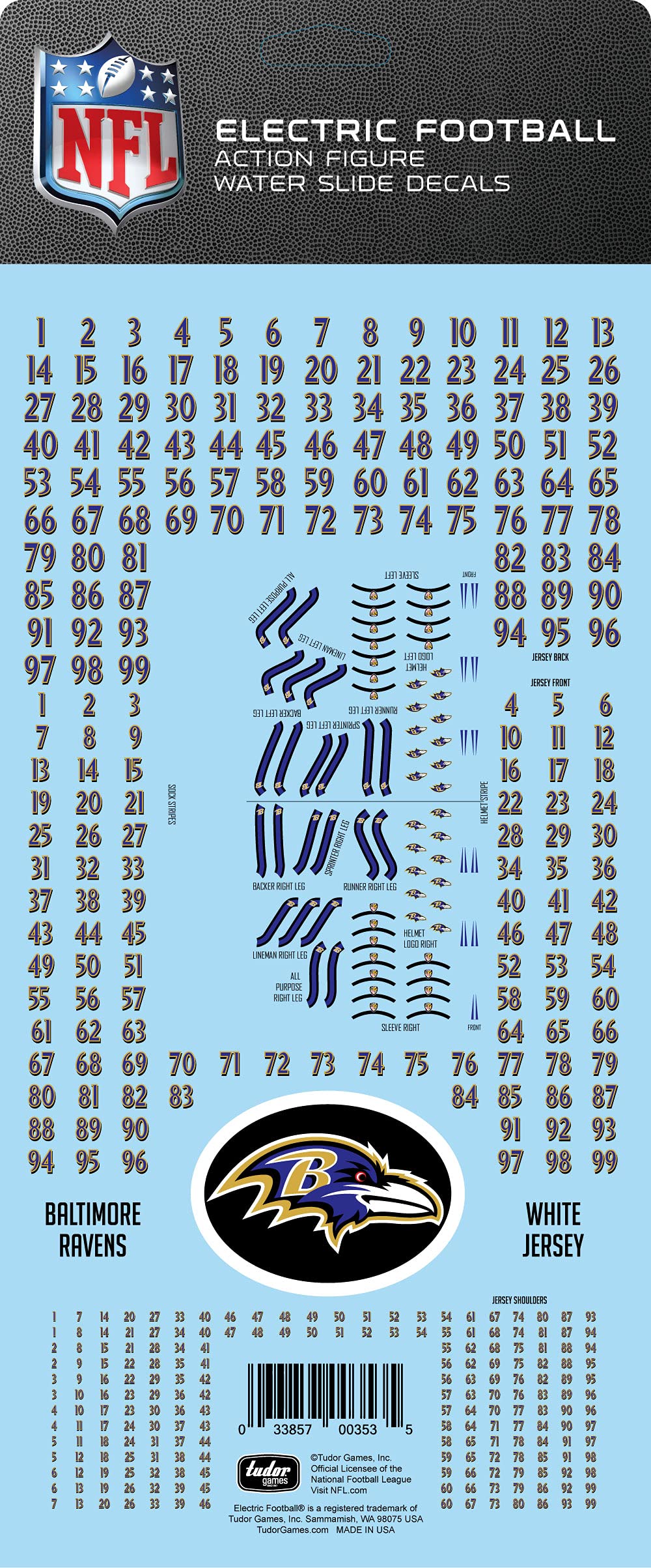 Baltimore Ravens White Uniform NFL Water Slide Decal Set for Electric Football Miniature Action Figures