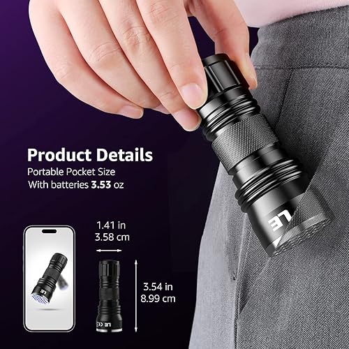 Miniatura 7 de LE Linterna de luz negra, pequeñas luces UV con 21 LED, 395 nm, detector de luz ultravioleta para bolígrafos de tinta invisible, manchas de orina de