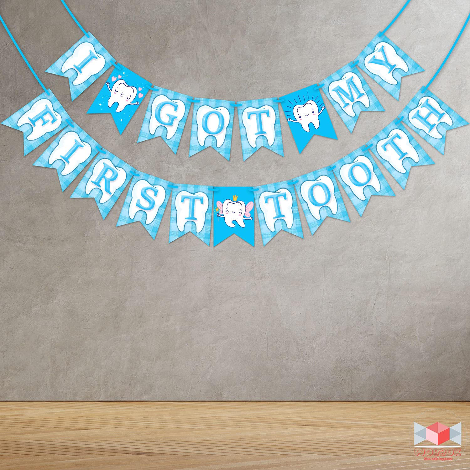 WOBBOX First Tooth Blue 13 Pcs Party Props with Cartoon Tooth Blue Bunting Banner & Balloons, First Tooth Decoration