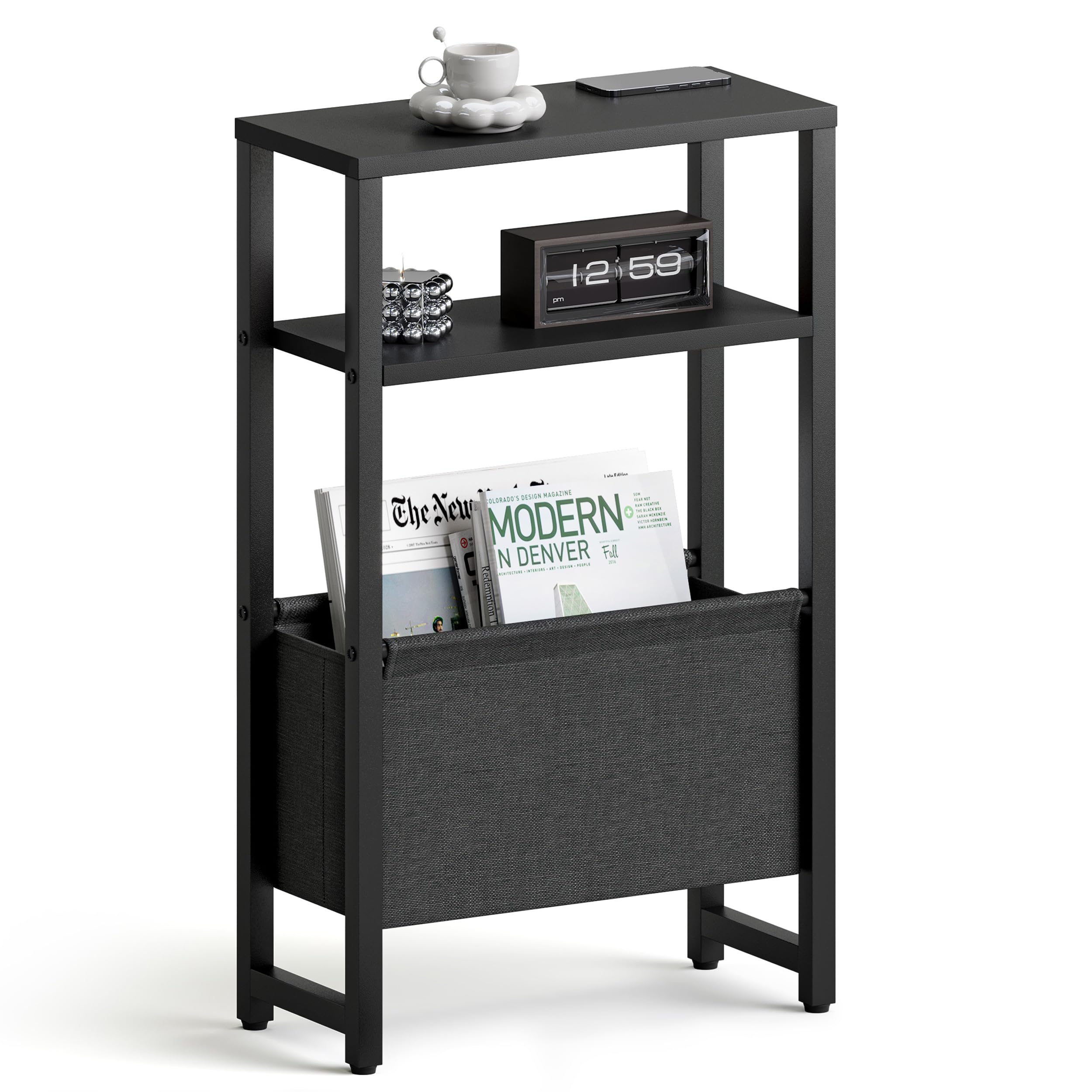 IRCPEN Narrow Side Table Slim End Table with Magazine Rack Bedside Table for Small Spaces 3 Tier Sofa