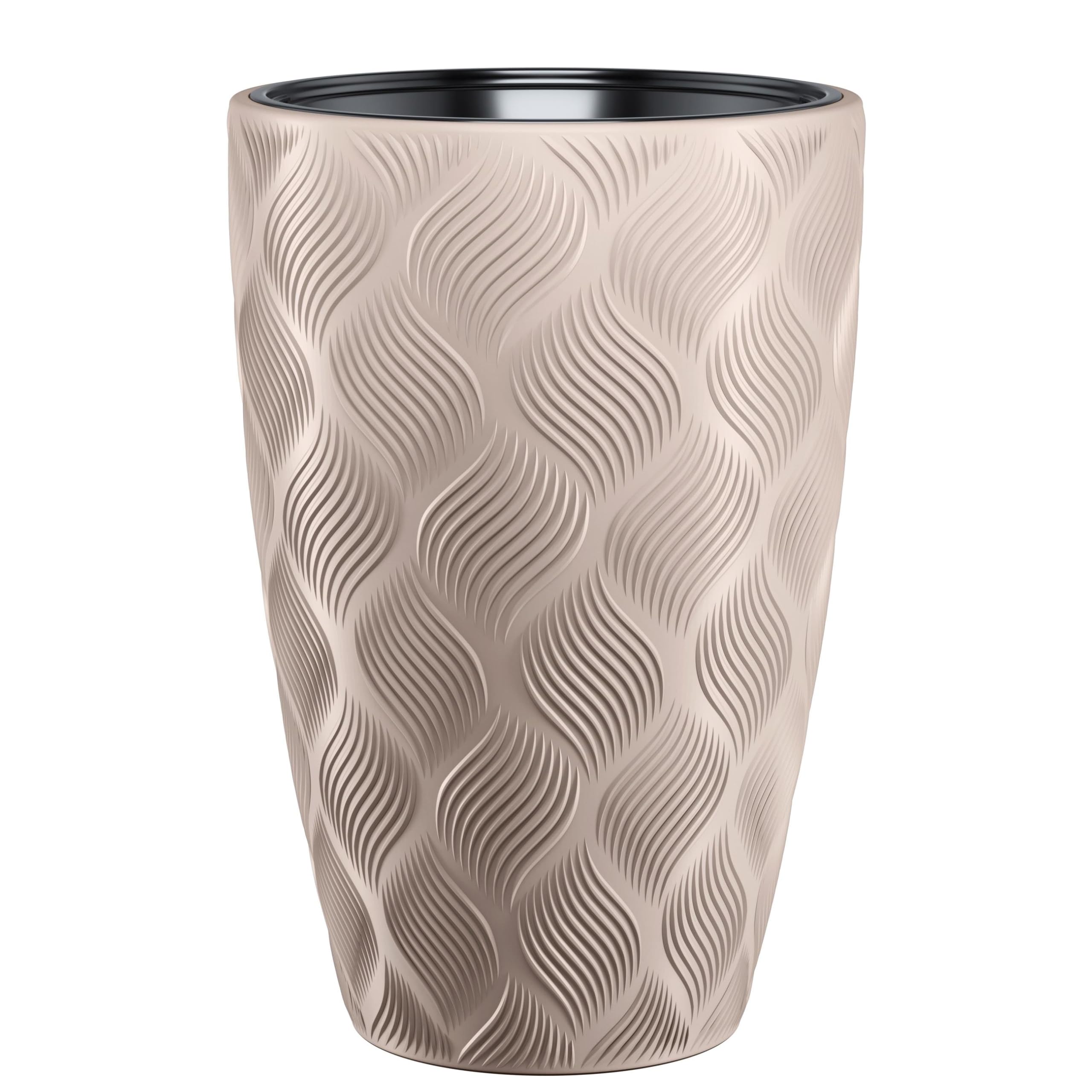 B2C Round Tall Plant Pot Elegant Large Flower Indoor Outdoor Garden Planters Flow High 5 Colours Wave Plastic Textured With insert (Taupe, H58cm x D38.5 cm)
