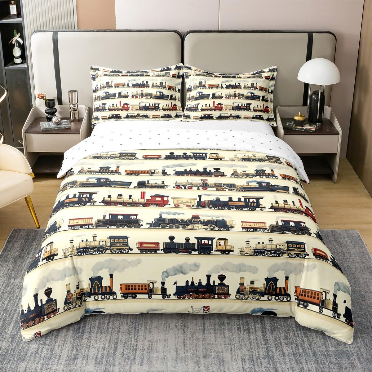 Loussiesd Kinder Vintage Zug 100% Baumwolle Bettwäsche Set 135x200cm Retro Dampfmaschine Zug Bettbezug für Kinder Mädchen Jungs Betten Retro Vintage Fahrzeug Bettwäsche-Set