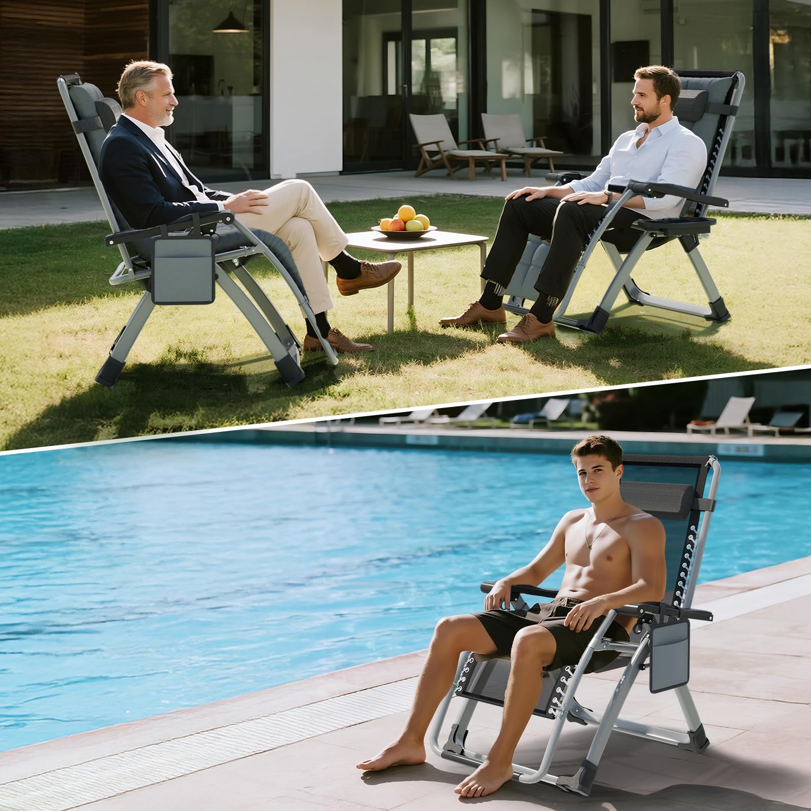 Soontrans 2pcs Sonnenliege Klappbar, Gartenliege Wetterfest mit Ergonomisches Polster, Liegestuhl Garten mit Nackenkissen Getränkehalter Seitentasche, Strandliege Verstellbare Rückenlehne (grau)