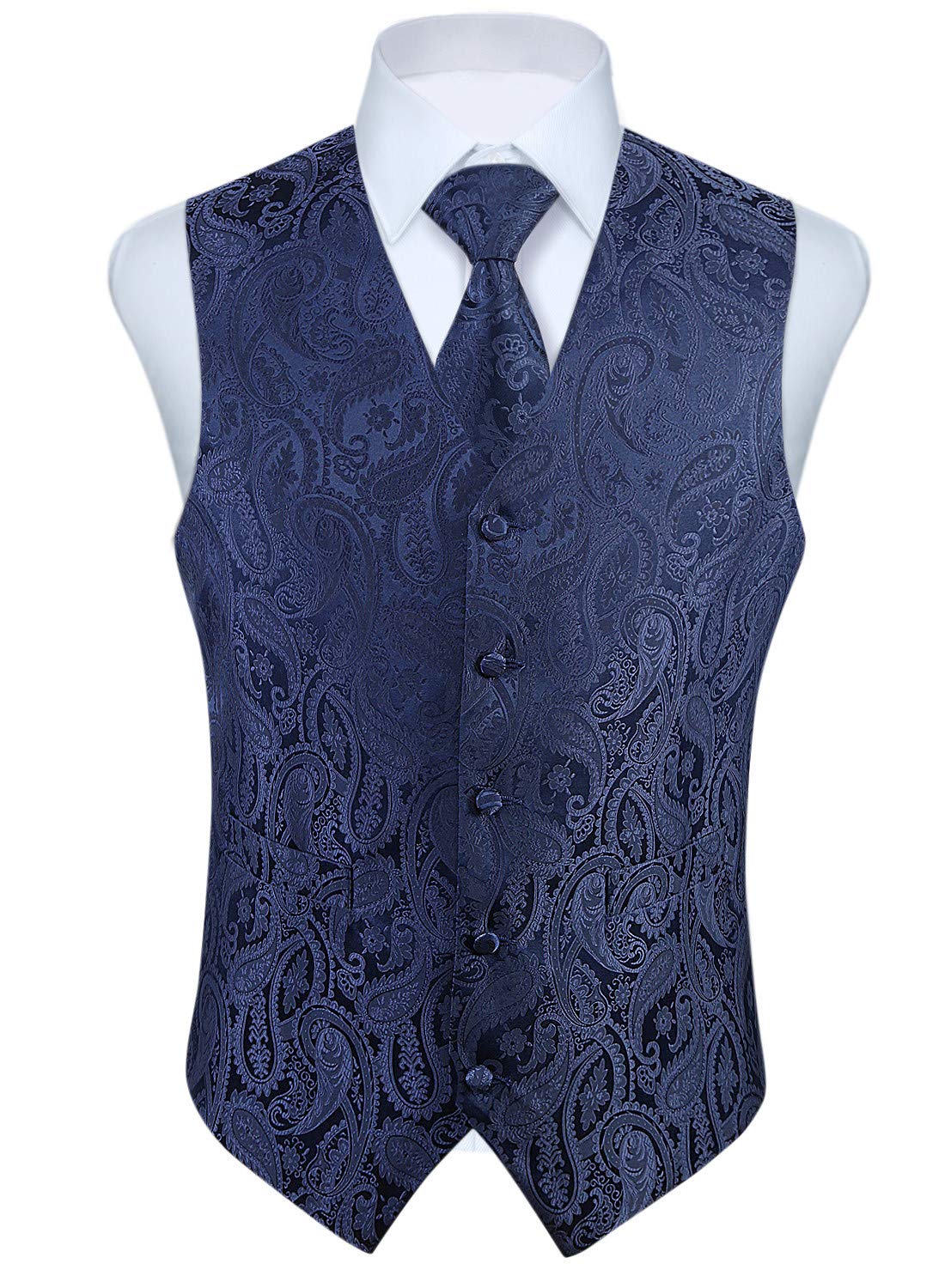 HISDERN Anzugweste für Herren Marineblau Paisley Hochzeit Weste Krawatte Einstecktuch Jacquard Weste Herren Anzug Set Elegant Blau XL