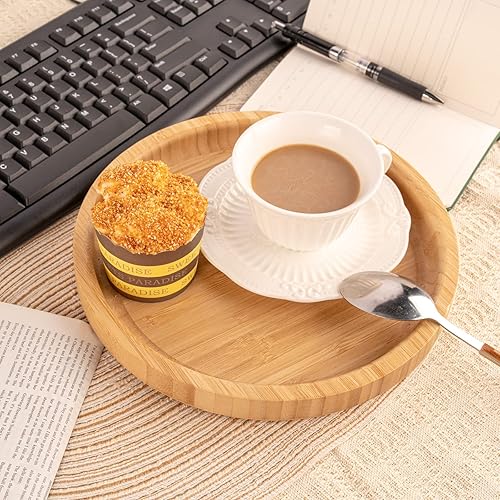 Miniatura 5 de Bandeja de servir, redonda de bambú, hermosa decorativa para cocina, comedor, mesa de café, adecuada para almacenamiento y exhibición (9.8 pulgadas)