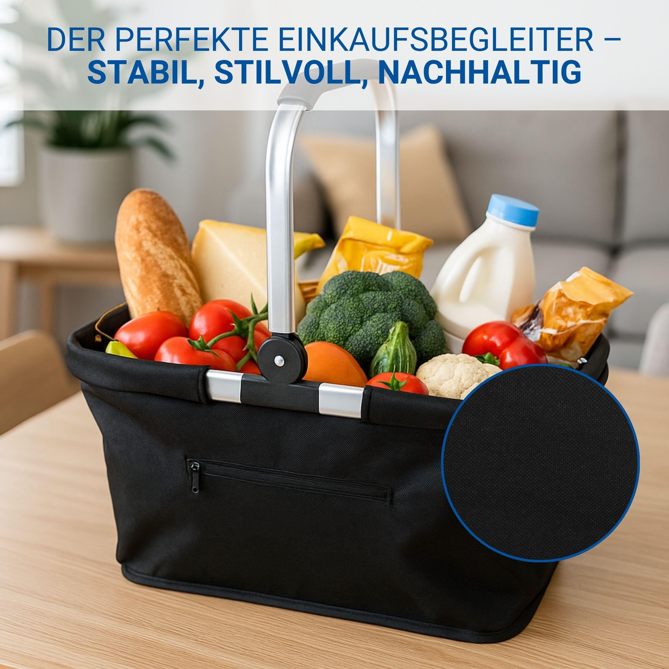 Einkaufskorb faltbar 30L mit Aluminiumrahmen - für Einkäufe und Ausflüge | 30L, faltbar, Aluminiumrahmen, Henkel, Einkaufstasche, Ausflug, Strand, stabil, platzsparend, Korb