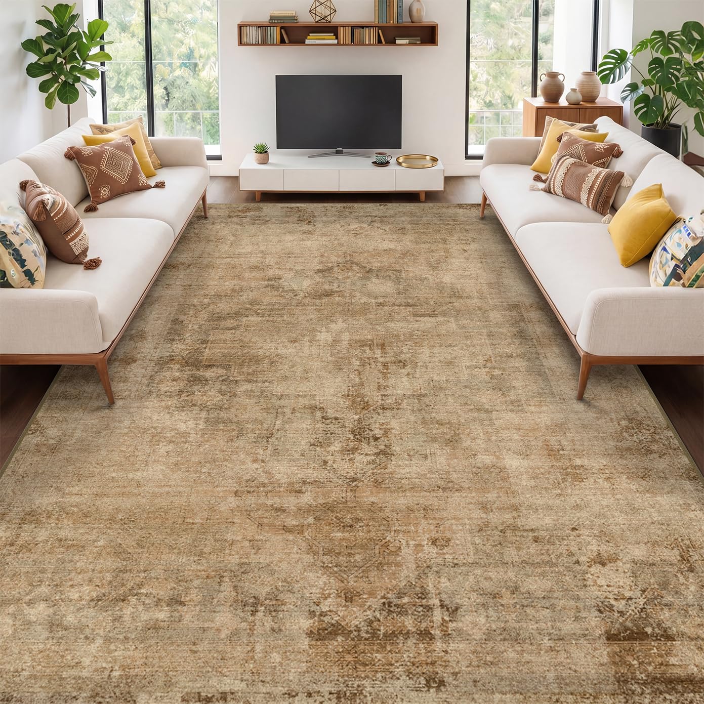 Photo 1 of Large Gold Brown Area Rug for Living Room Table – Rustic Farmhouse 10x14 Extra Large Washable Rug for Dining Room, Bedroom Under Bed, Non-Slip with Rubber Backing & Stain Resistant, Distressed Design