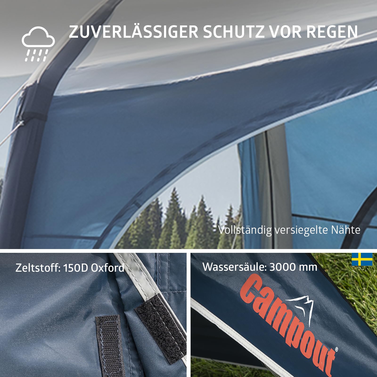 Campout Aufblasbares Vorzelt für Wohnwagen & Wohnmobil – 400 x 250 cm – 3000 mm Wassersäule – Anbauhöhe 235-250 cm – Aufbau in 15 Min – Inkl. Pumpe & Sturmabspannleinen