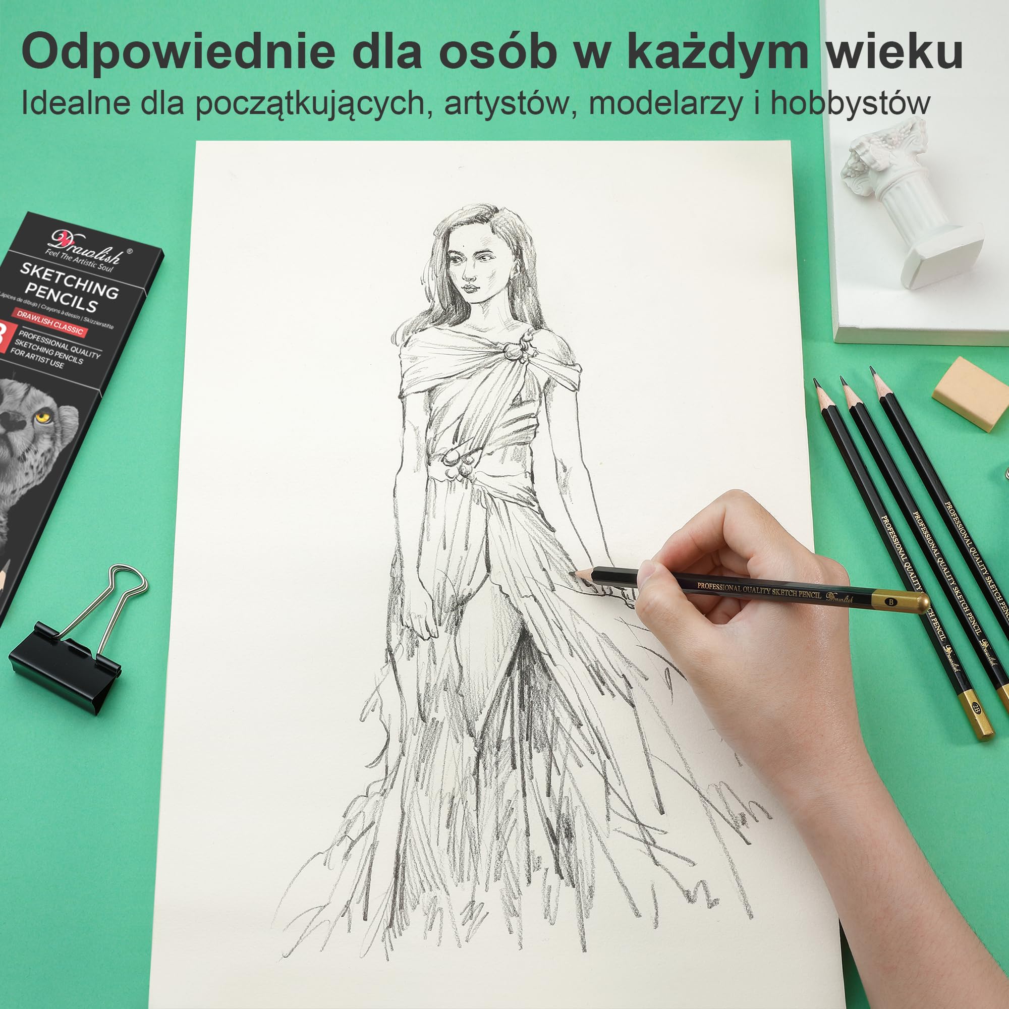 Zestaw 8 kredek do szkicowania, B, 2B, 4B, 6B, 8B, HB, 2H, 4H, ołówki do rysowania z grafitowym ołowiem i drewnem premium są idealne do szkicowania, cieniowania i bazgrołów, dla początkujących i