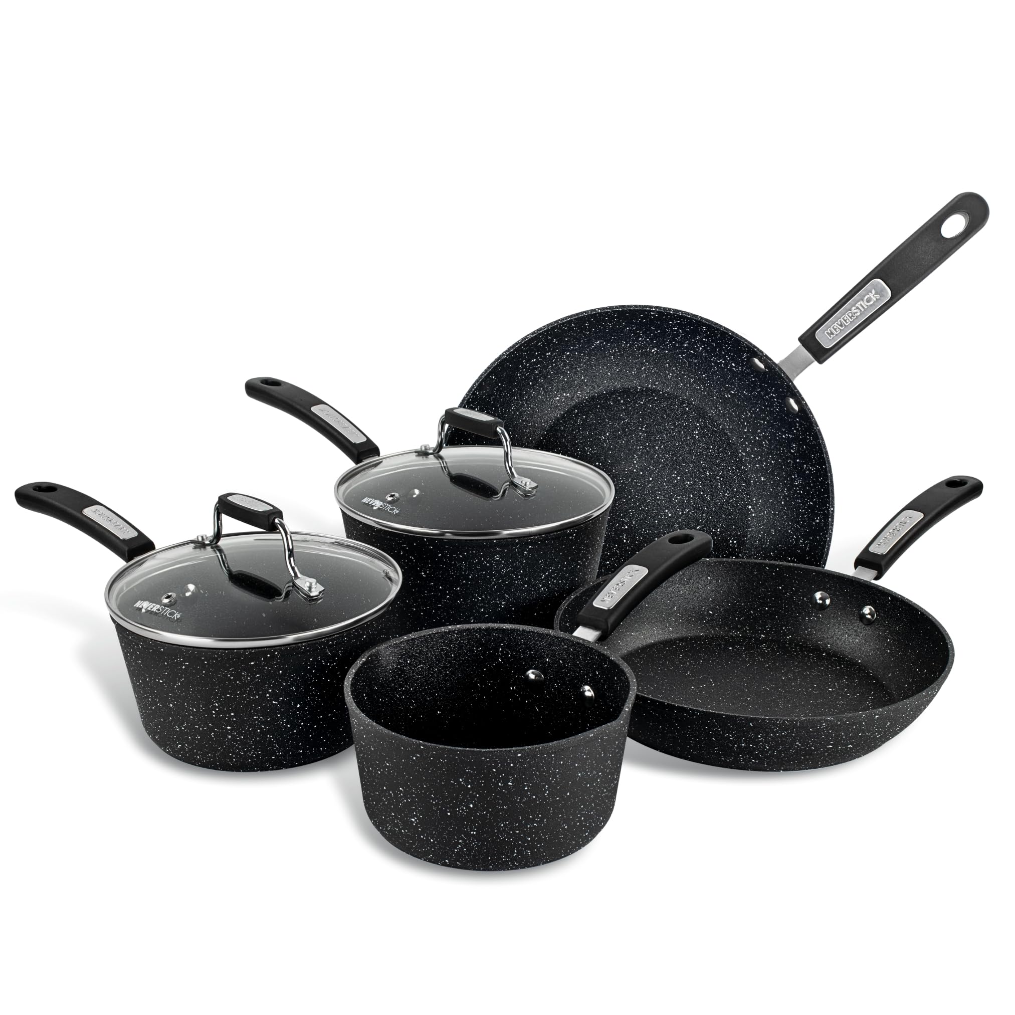 Scoville NEVERSTICK 5 Piece Cookware Set, Non Stick Pots and Pans Set, 16cm Milk Pan, 18cm/20cm Saucepans with Lids, 26cm Frying Pan and 28cm Wok, Suitable for All Hobs, Aluminium, Non Toxic, Black