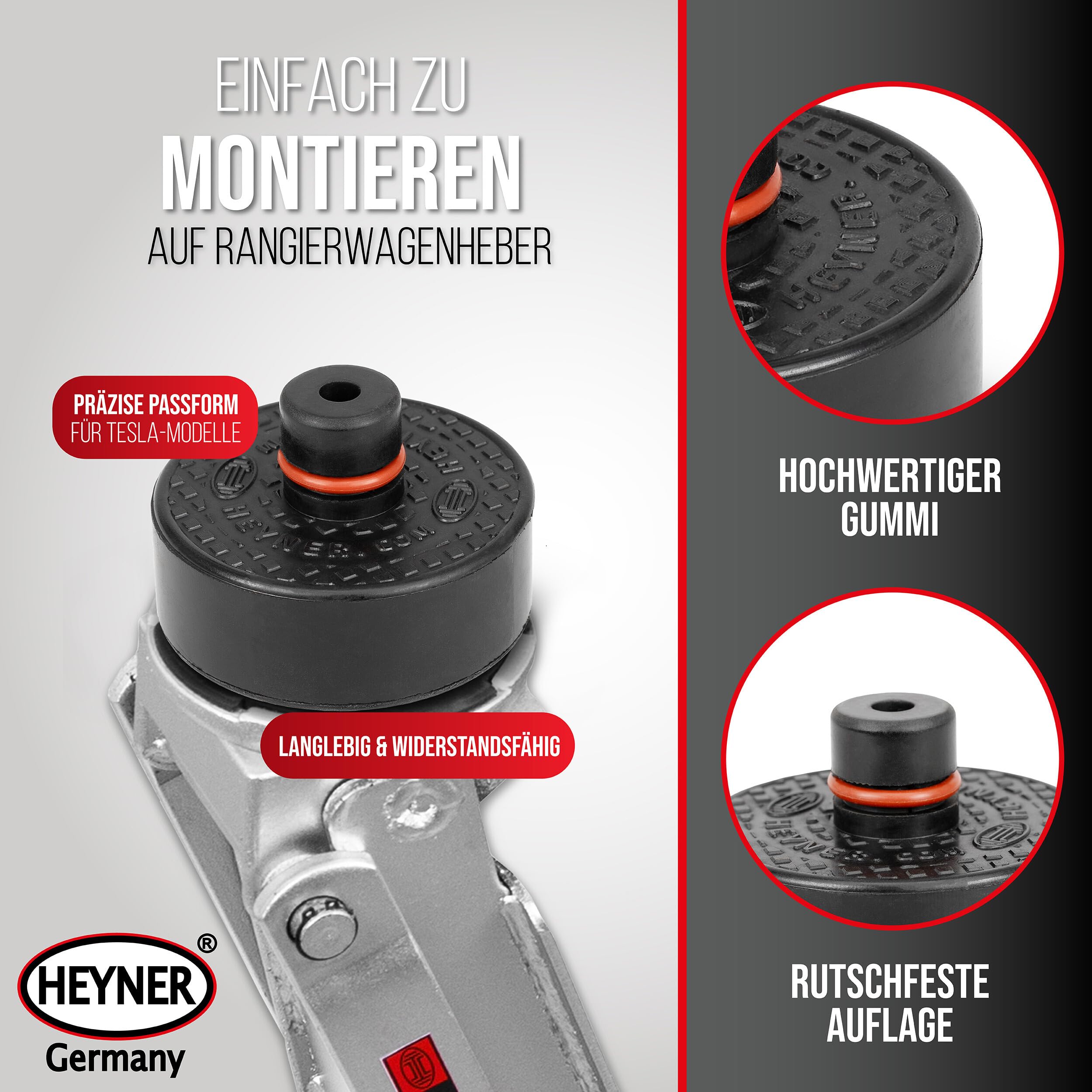 HEYNER® Wagenheber Rangierwagenheber Bundle inkl. Ersatzgummiauflage für Tesla Model 3 S Y X + 2,25t Kapazität + extra flach + robuste Qualität + Variable Hubhöhe 85-380mm